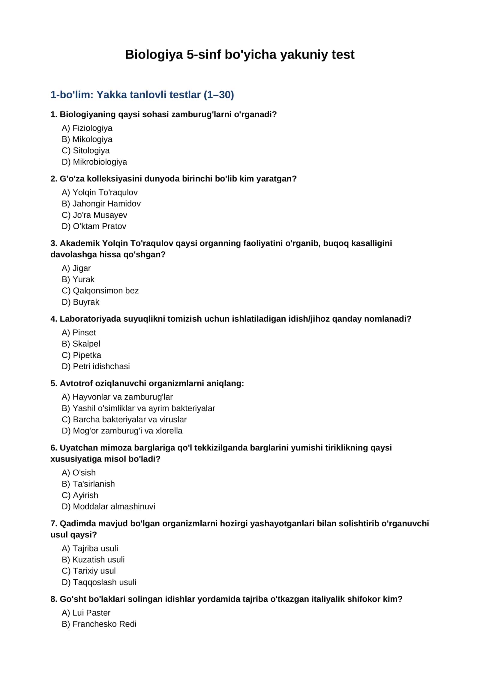 Biologiya 5-sinf bo'yicha yakuniy test 1