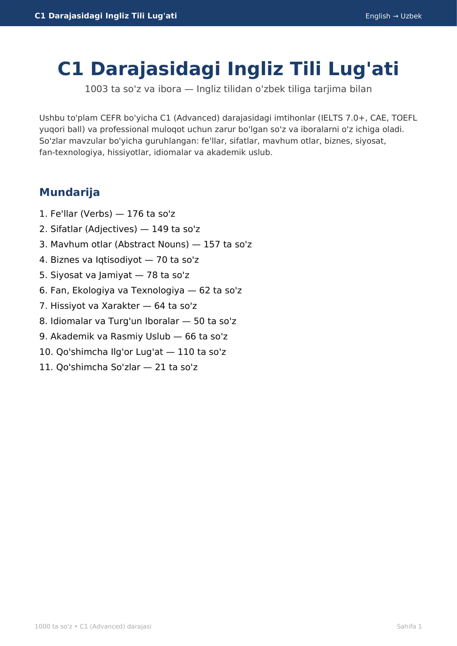 C1 Darajasidagi 1000 ta Ingliz Tili Lug'ati 1