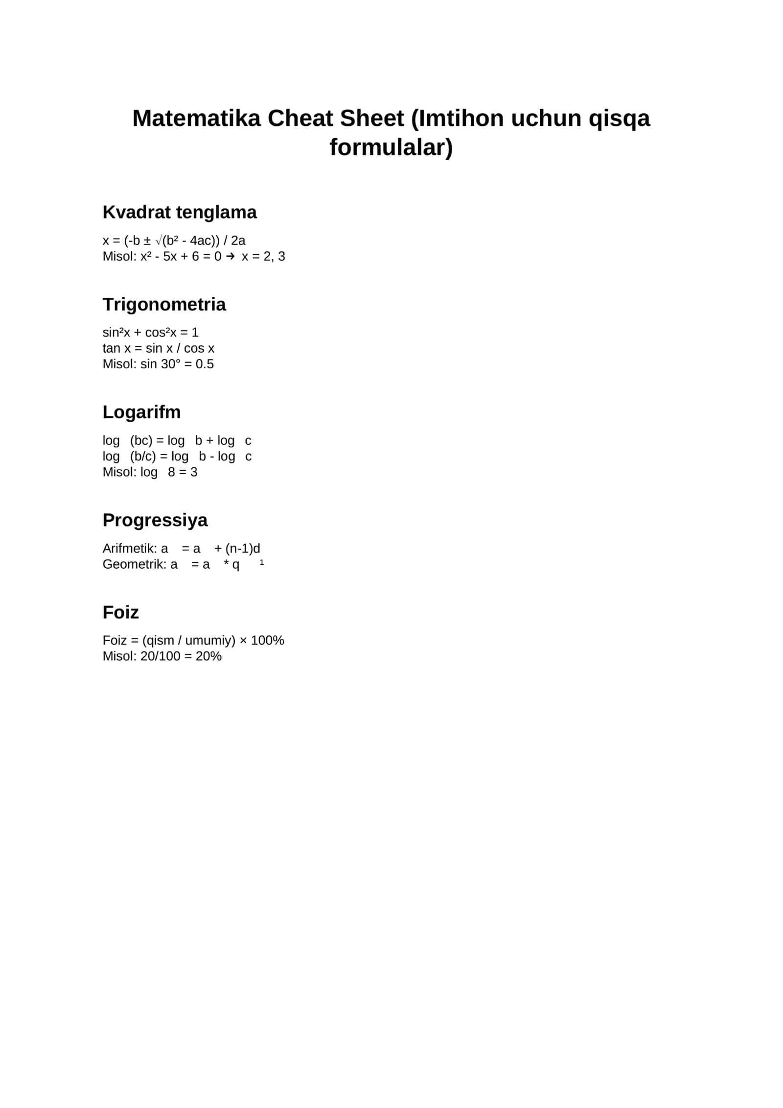 Matematika fanidan cheatsheet formulalar 1