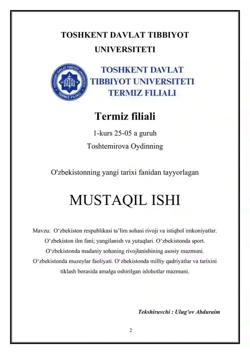 O'zbekistonning yangi tarixi fanidan tayyorlagan MUSTAQIL ISHI