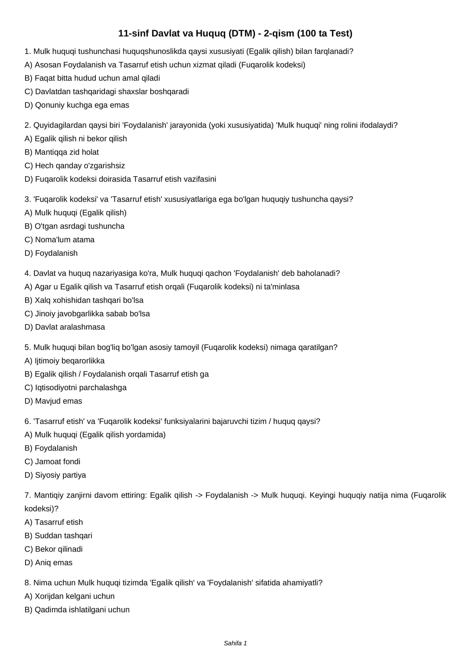 11-sinf Davlat va Huquq (DTM) - 2-qism (100 ta Test) 1
