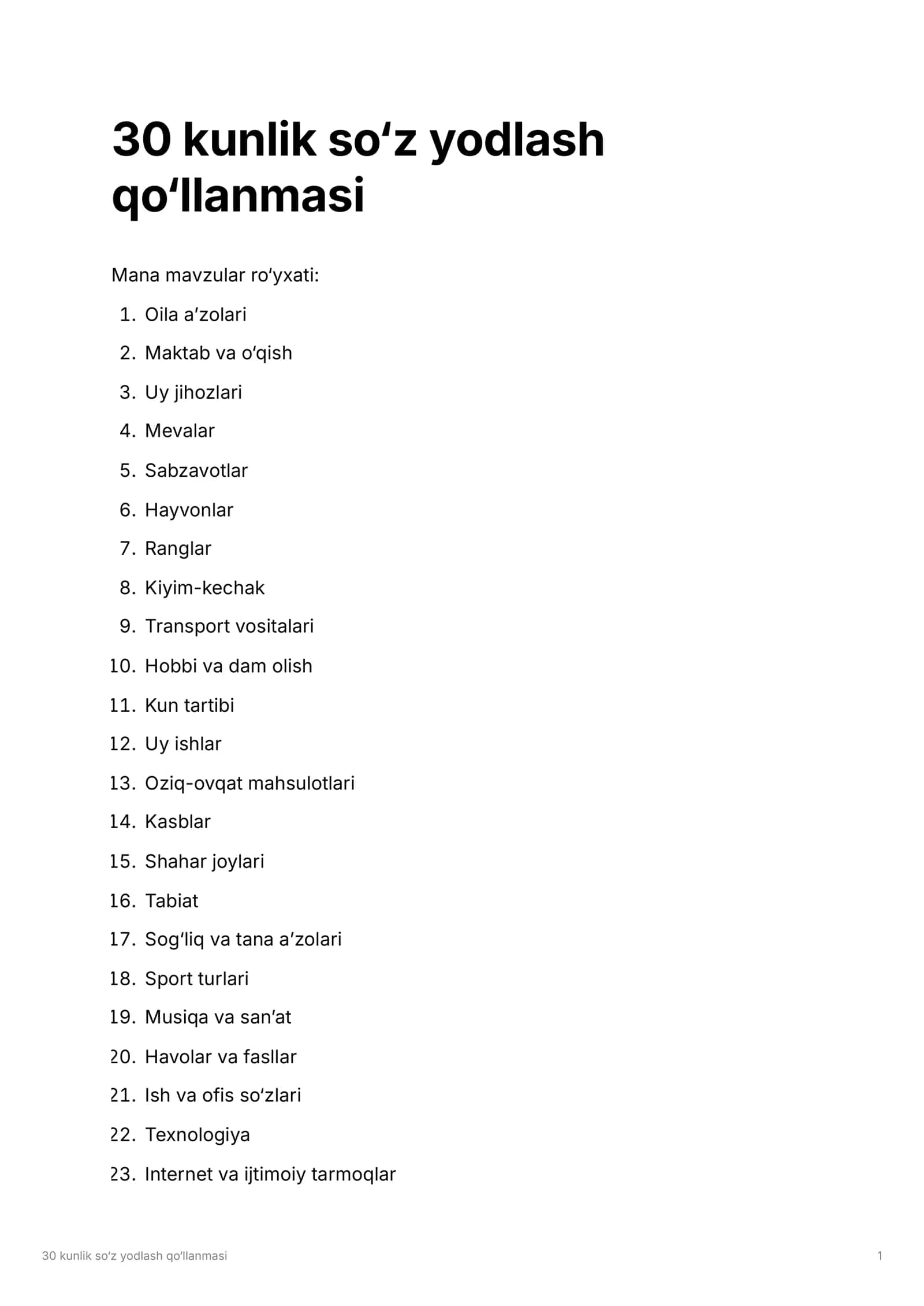 KOREYSCHA O'ZBEKCHA 30 KUNLIK SO'Z YODLASH QO'LLANMA 1