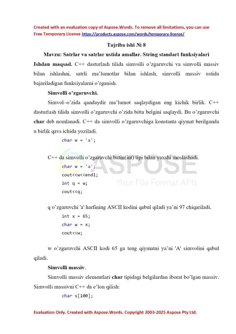 Satrlar va satrlar ustida amallar. String standart funksiyalari 1