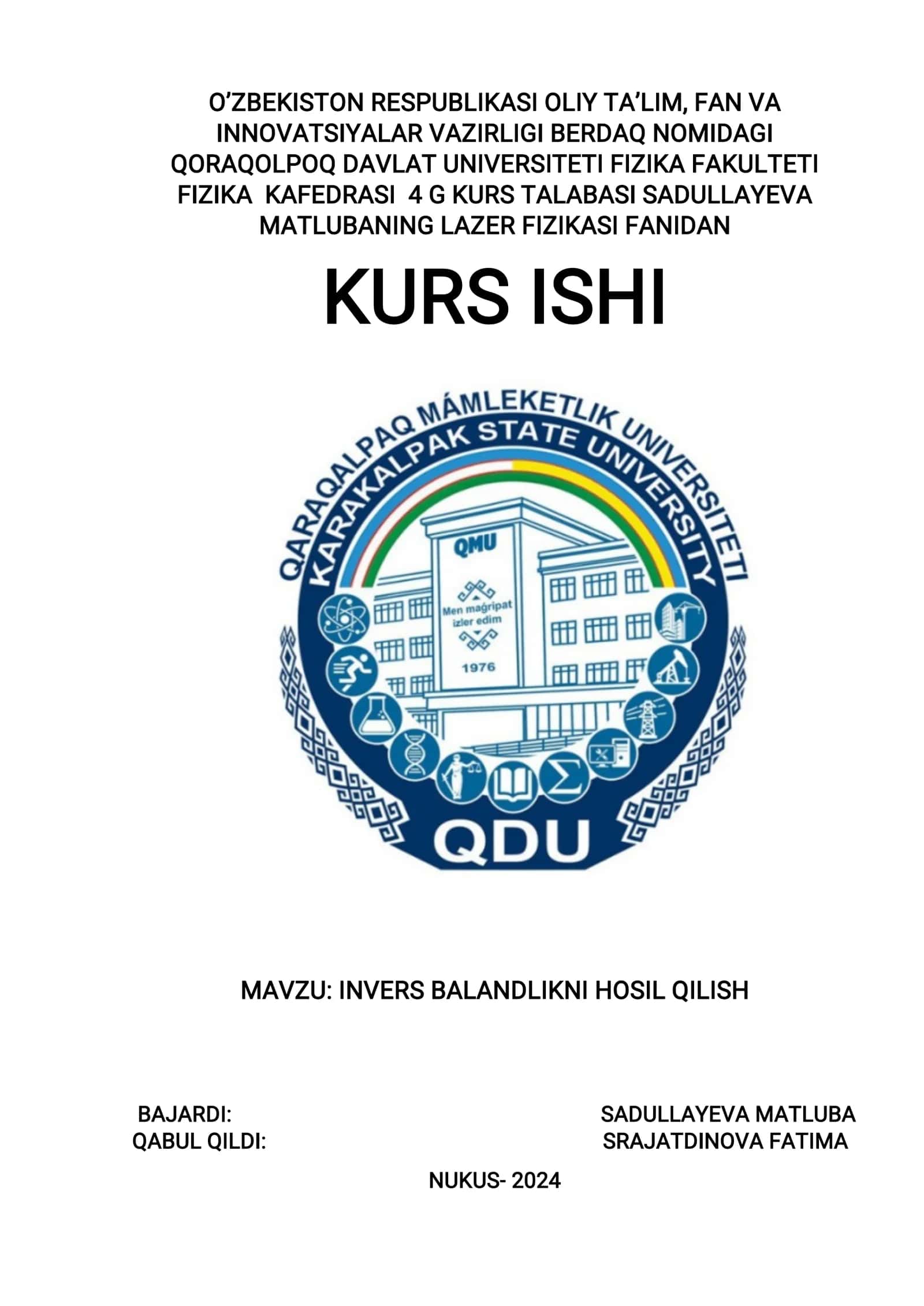 LAZER FIZIKASI FANIDAN KURS ISHI 1