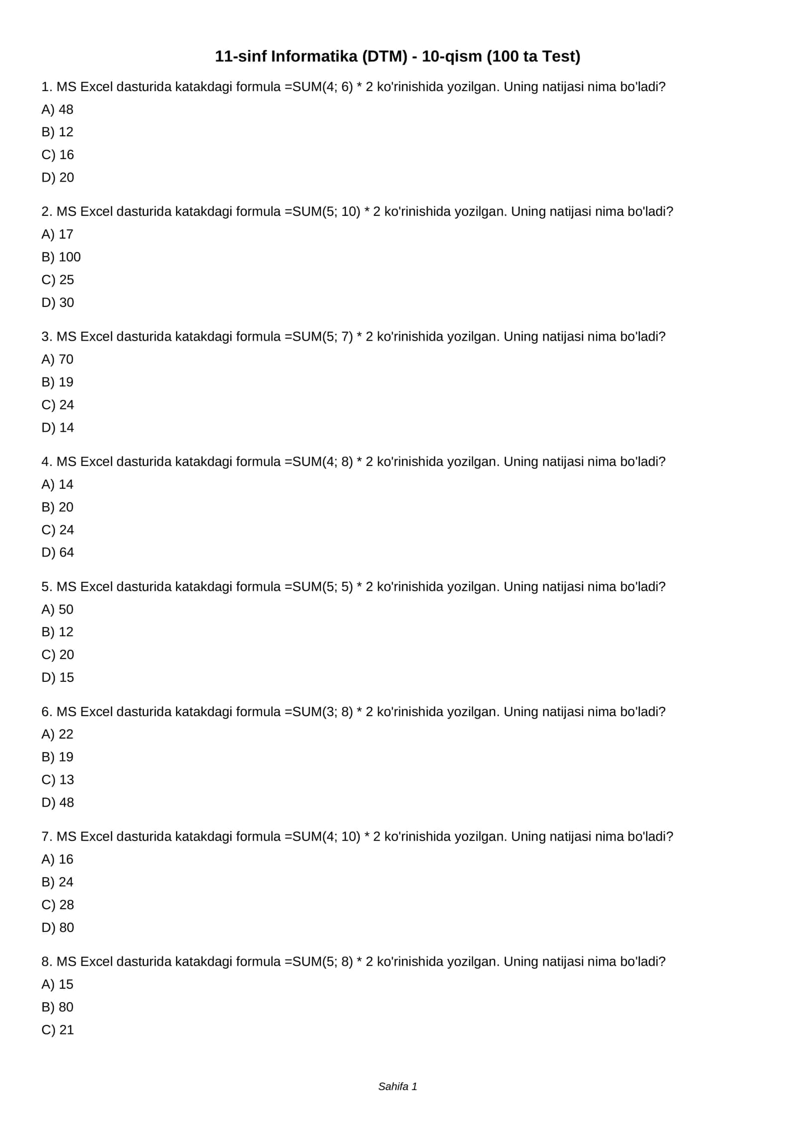11-sinf Informatika (DTM) - 10-qism (100 ta Test) 1
