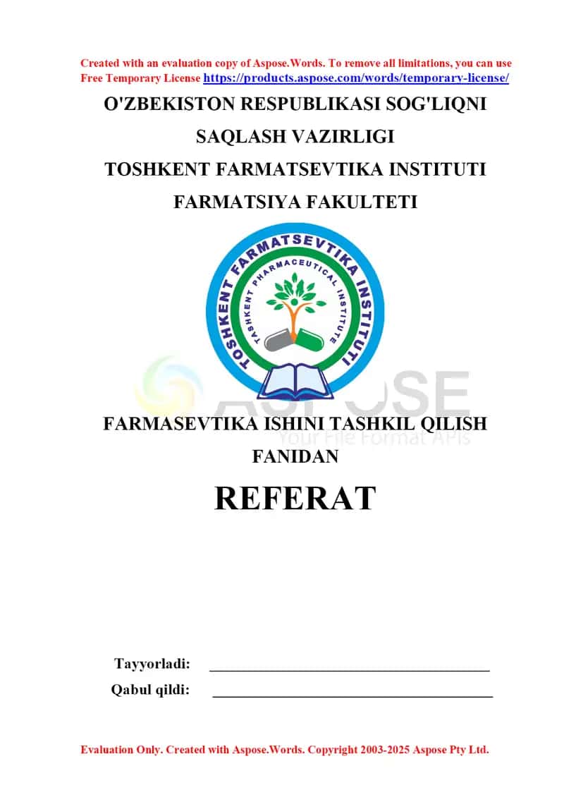 “Dori vositalari va farmasevtika faoliyati to‘g‘risida”gi Qonun, unga kiritilgan o’zgartirishlar va qo’shimchalar haqida. Referat 7 bet. 1