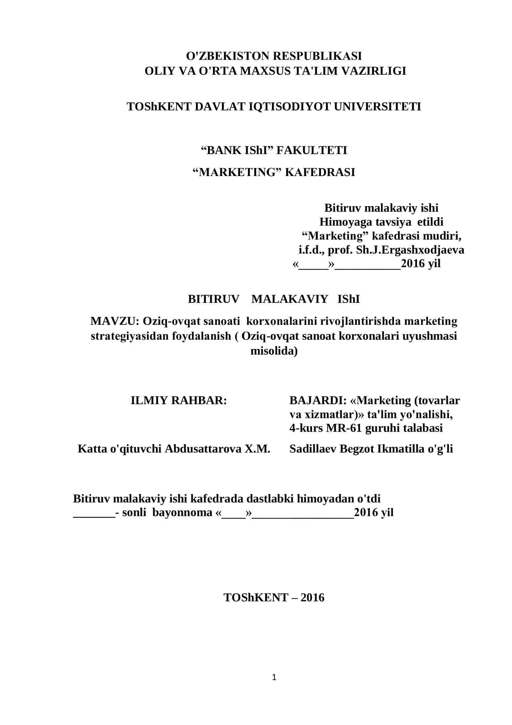 Oziq-ovqat sanoati korxonalarini rivojlantirishda markеting stratеgiyasidan foydalanish 1