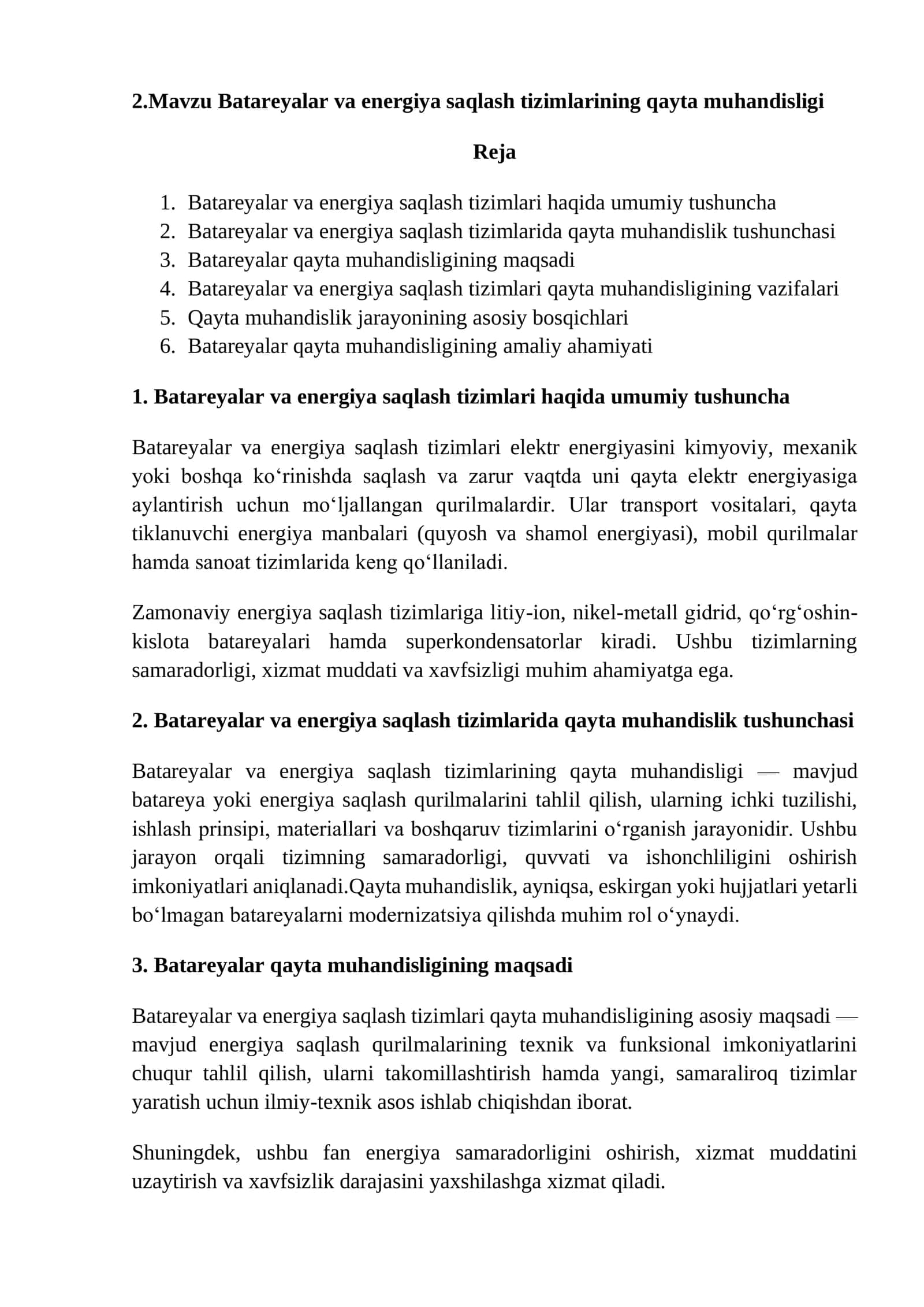 Batareyalar va energiya saqlash tizimlarining qayta muhandisligi 1