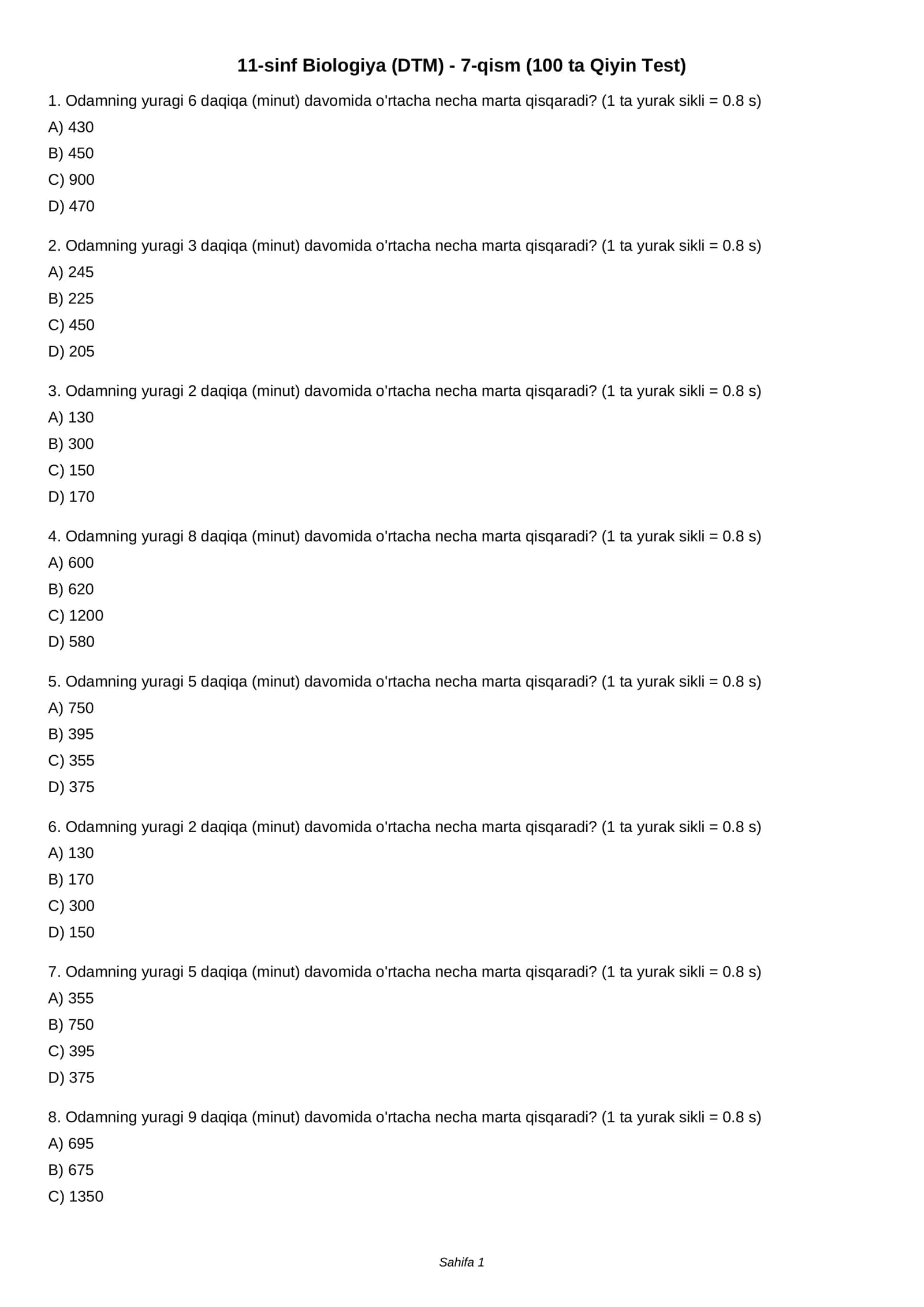 11-sinf Biologiya (DTM) - 7-qism (100 ta Qiyin Test) 1
