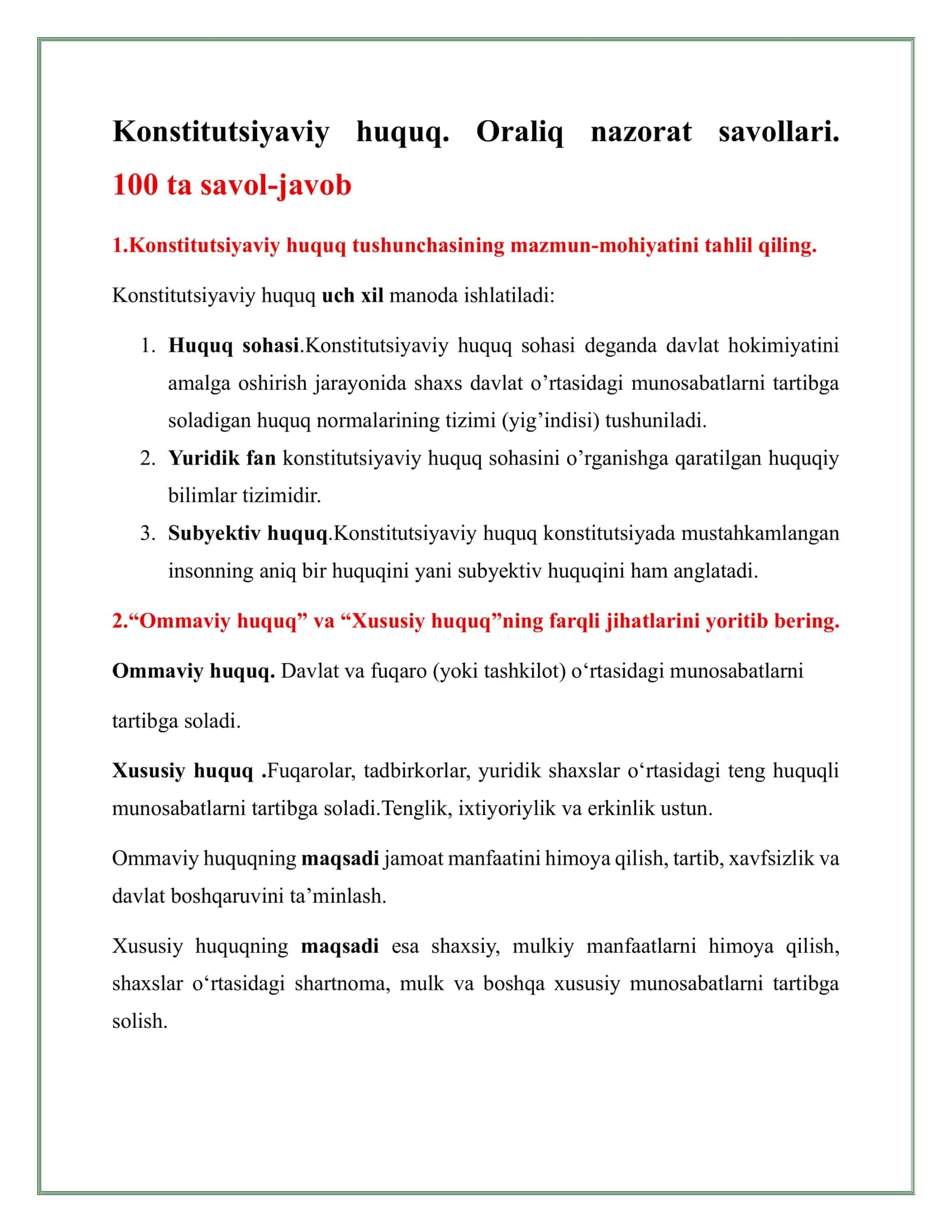 Konstitutsiyaviy huquq. Oraliq nazorat savollari 1