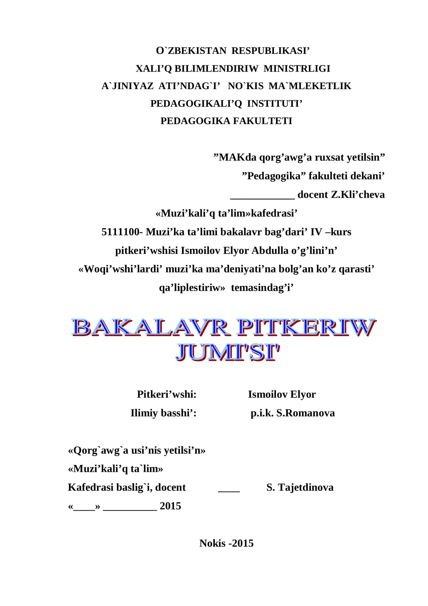 Muzi’ka ta’limi bakalavr bag’dari’ IV –kurs 1