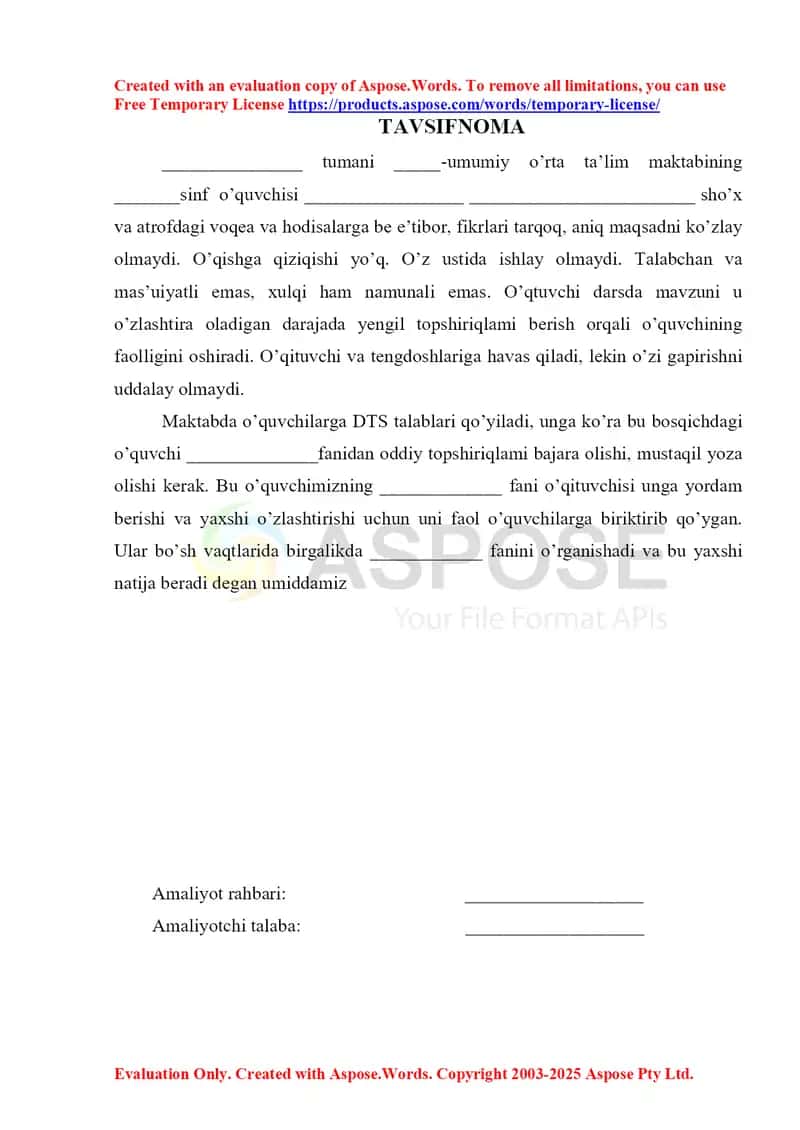 TAVSIFNOMA yaxshi yomon o'quvchi uchun 1