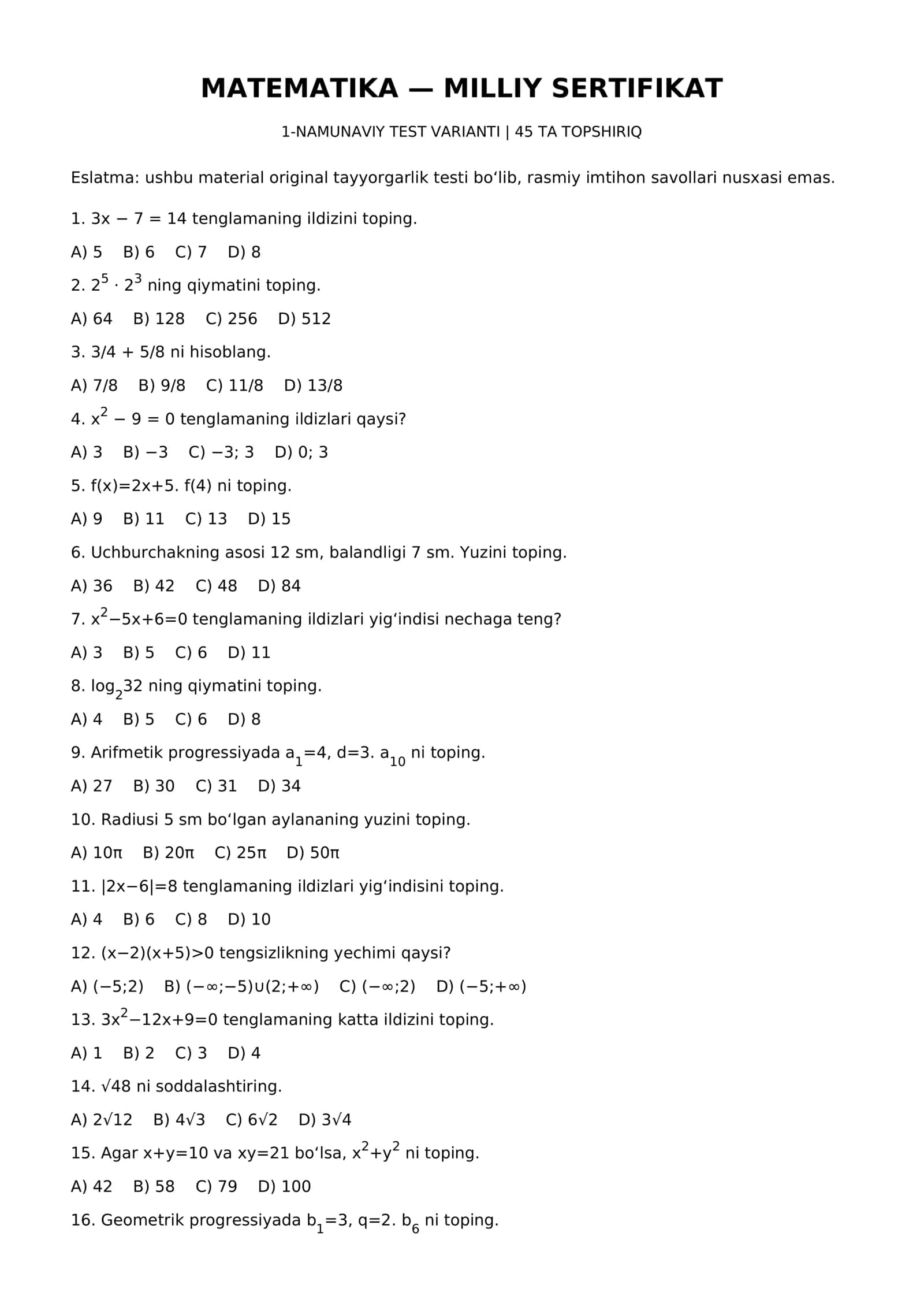 matematika milliy sertifikatga tayyorgarlik 1