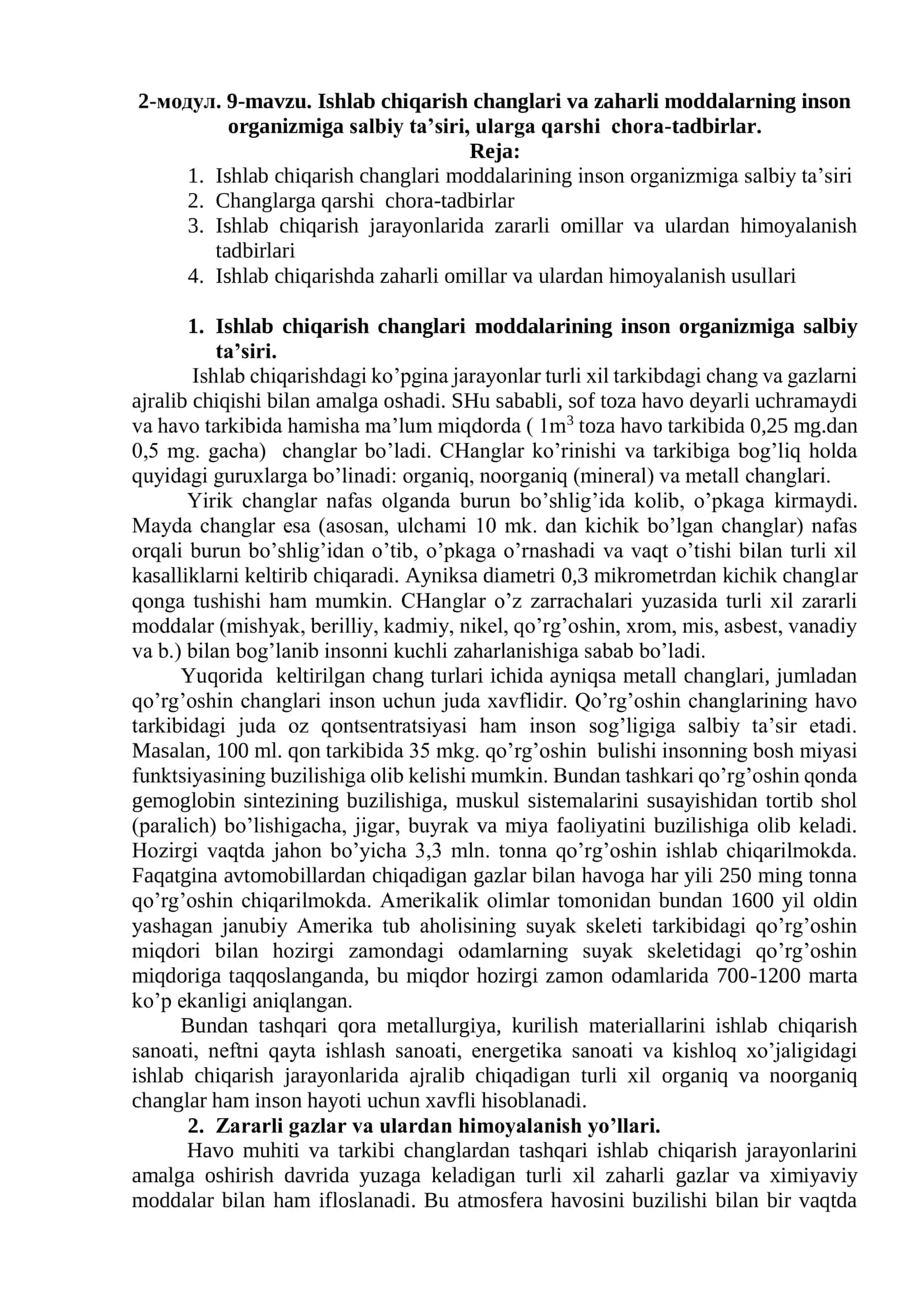 Ishlab chiqarish changlari va zaharli moddalarning inson organizmiga salbiy ta’siri, ularga qarshi chora-tadbirlar 1