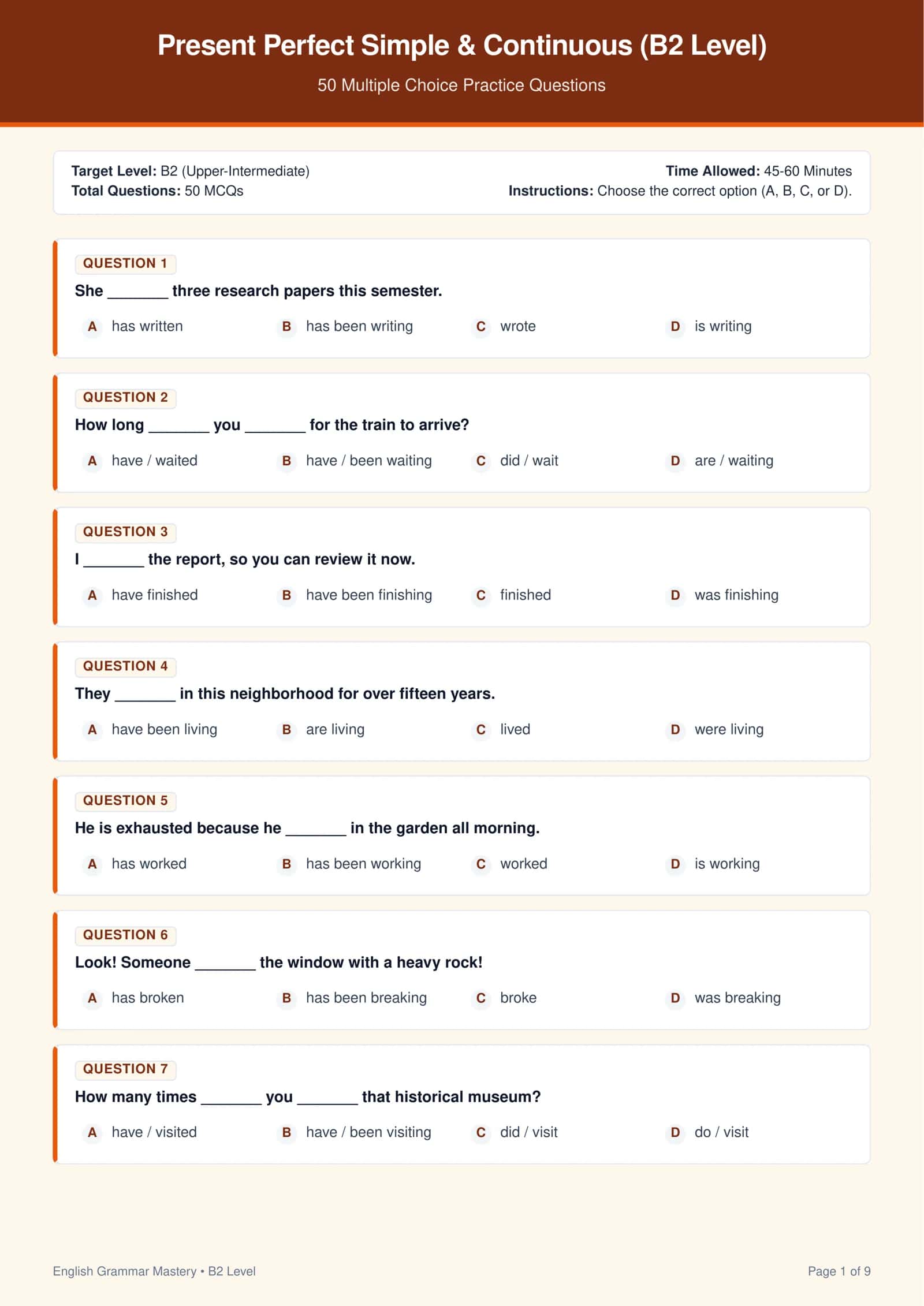 Present Perfect Simple & Present Perfect Continuous (B2 Level) — 50 Ta Test 1