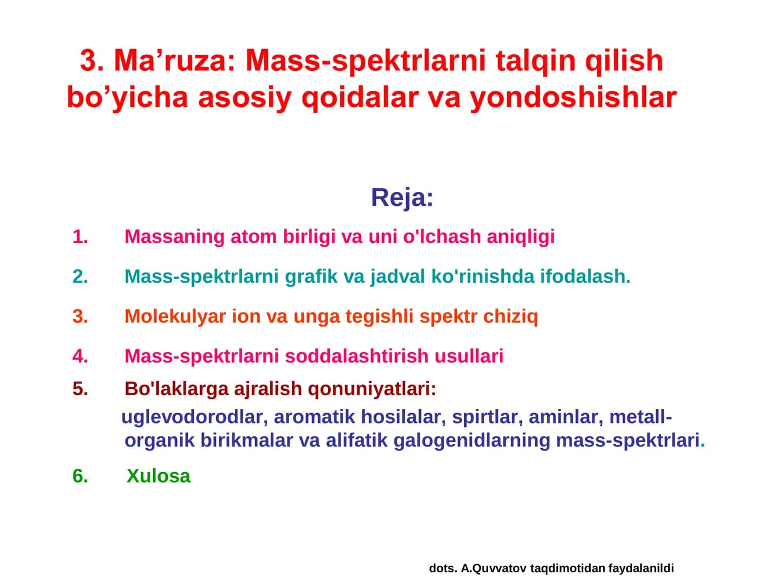Ma’ruza: Mass-spektrlarni talqin qilish bo’yicha asosiy qoidalar va yondoshishlar 1