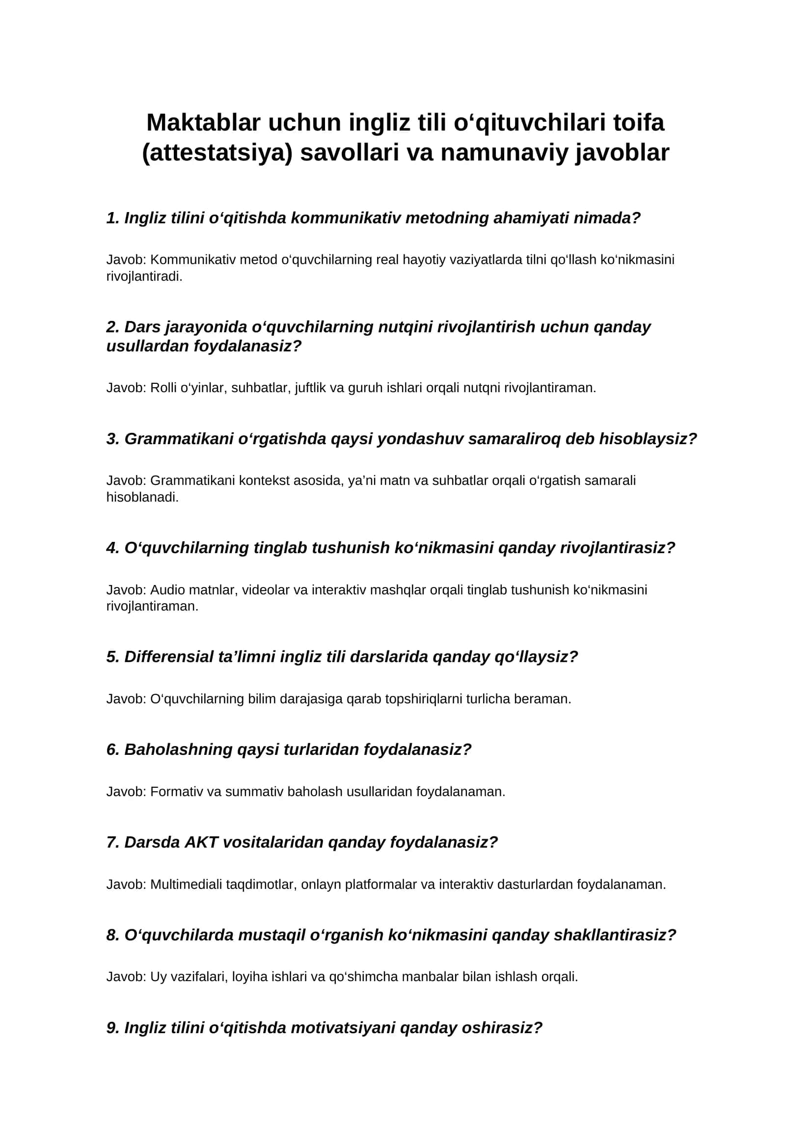 Maktablar uchun ingliz tili o‘qituvchilari toifa (attestatsiya) savollari va namunaviy javoblar 1