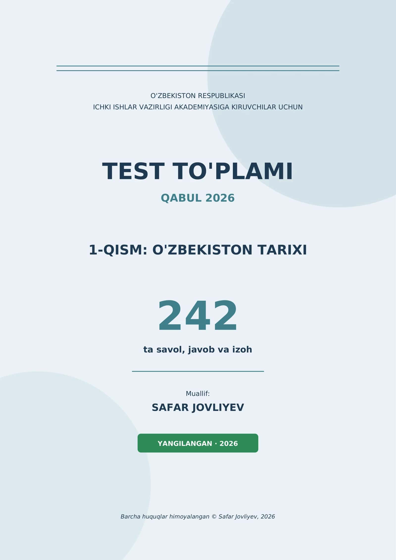 Test to'plami 1-qism: O'zbekiston tarixi 1
