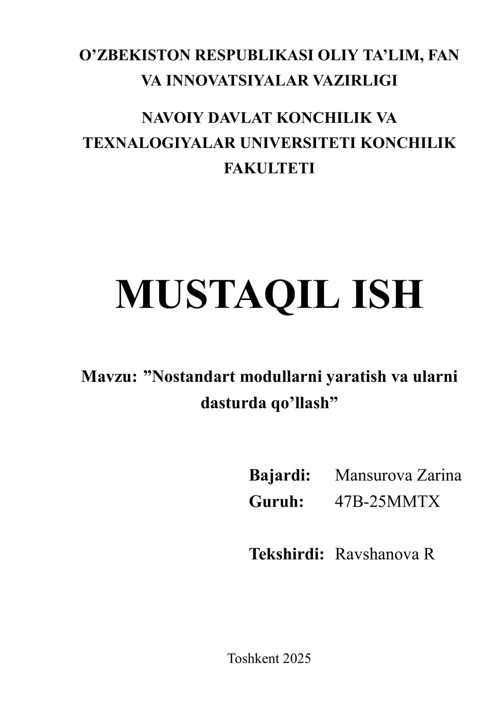Nostandart modullarni yaratish va ularni dasturda qo’llash 1