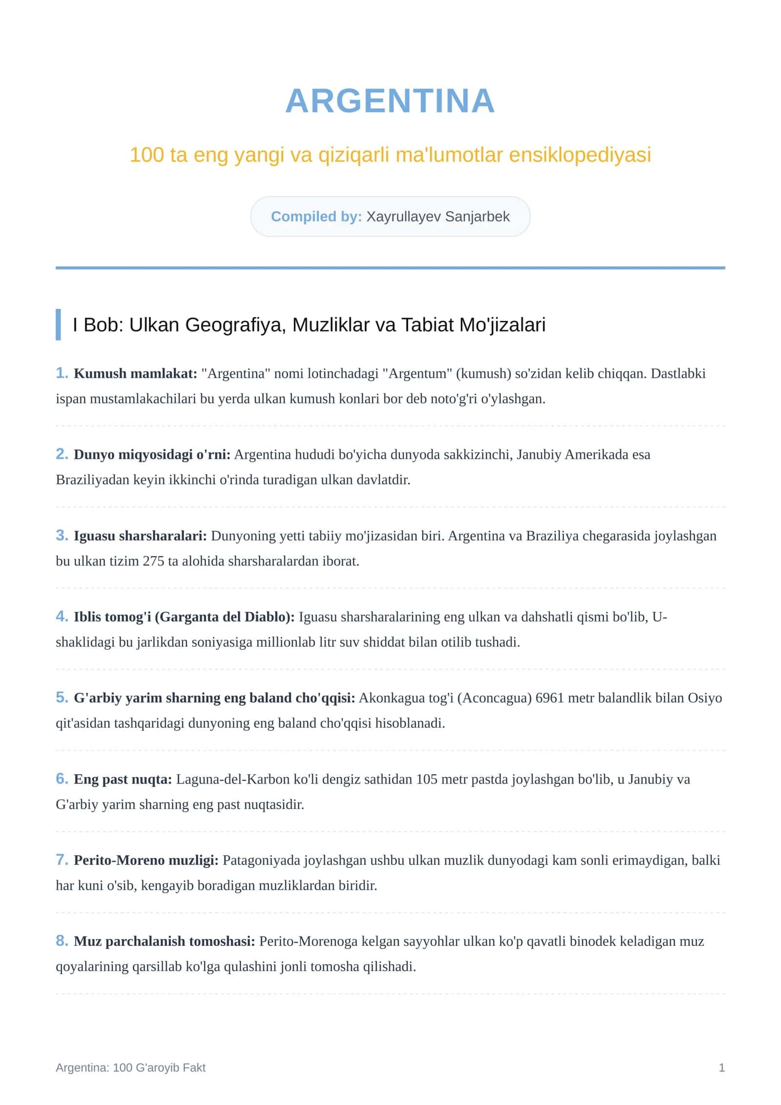 ARGENTINA 100 ta eng yangi va qiziqarli ma'lumotlar ensiklopediyasi 1