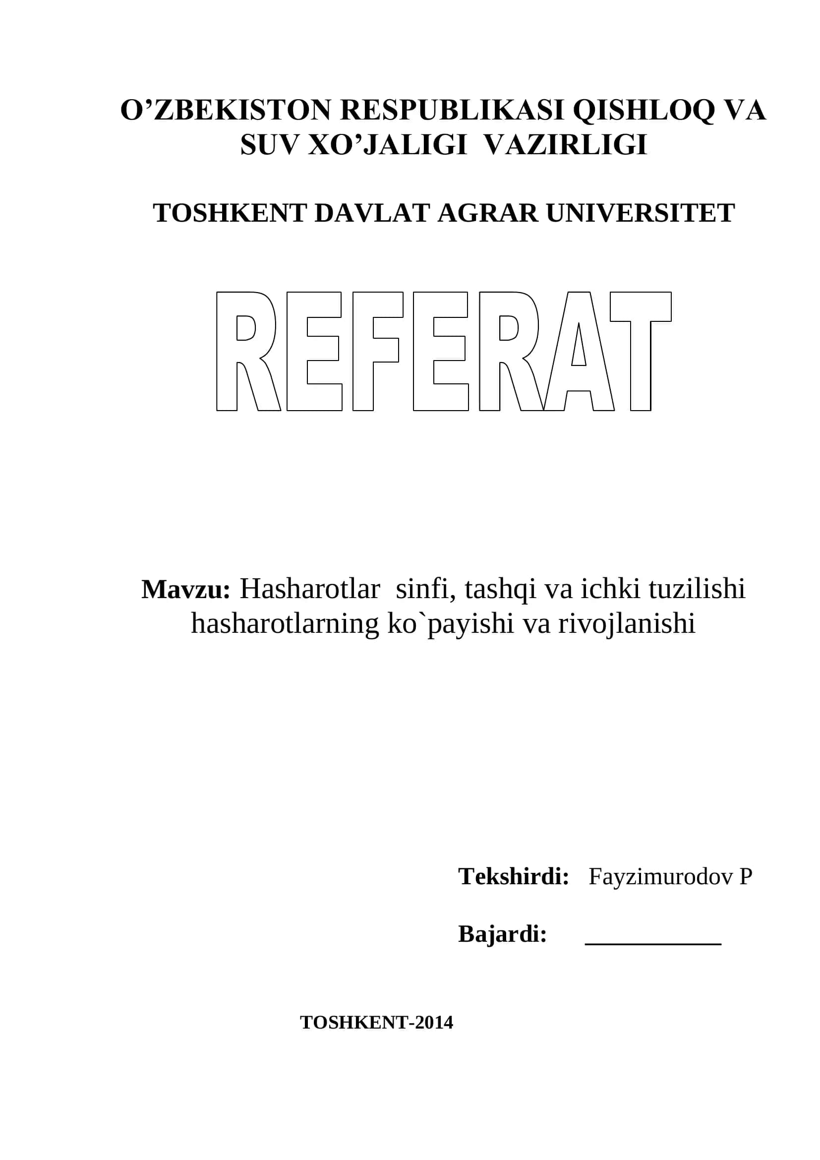 Hasharotlar sinfi, tashqi va ichki tuzilishi 1