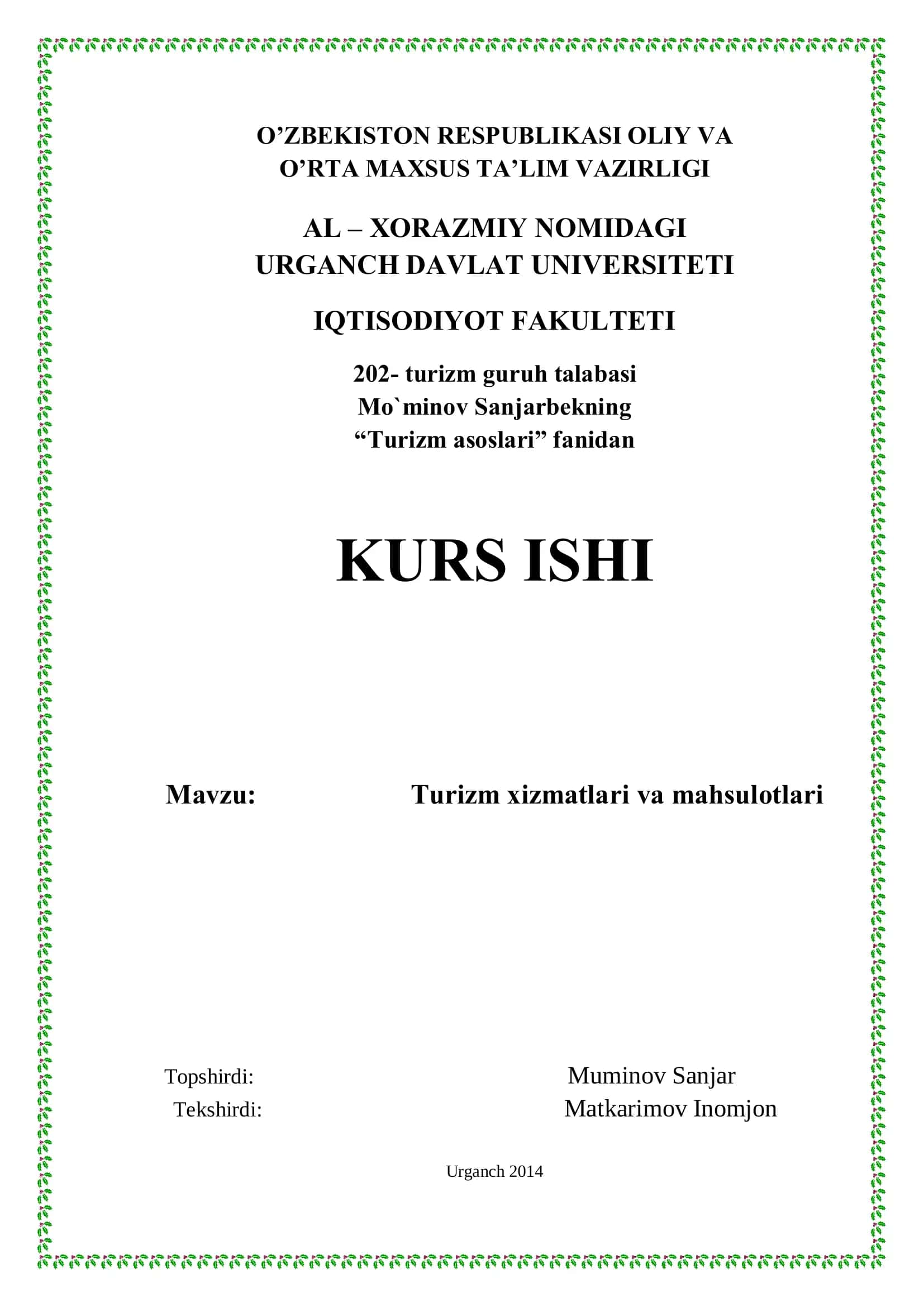 Turizm xizmatlari va mahsulotlari 1