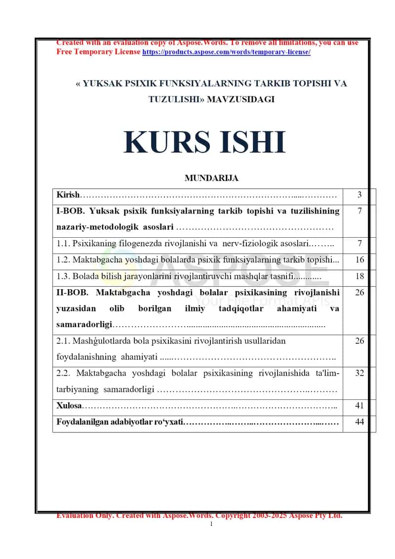 YUKSAK PSIXIK FUNKSIYALARNING TARKIB TOPISHI VA TUZULISHI 1