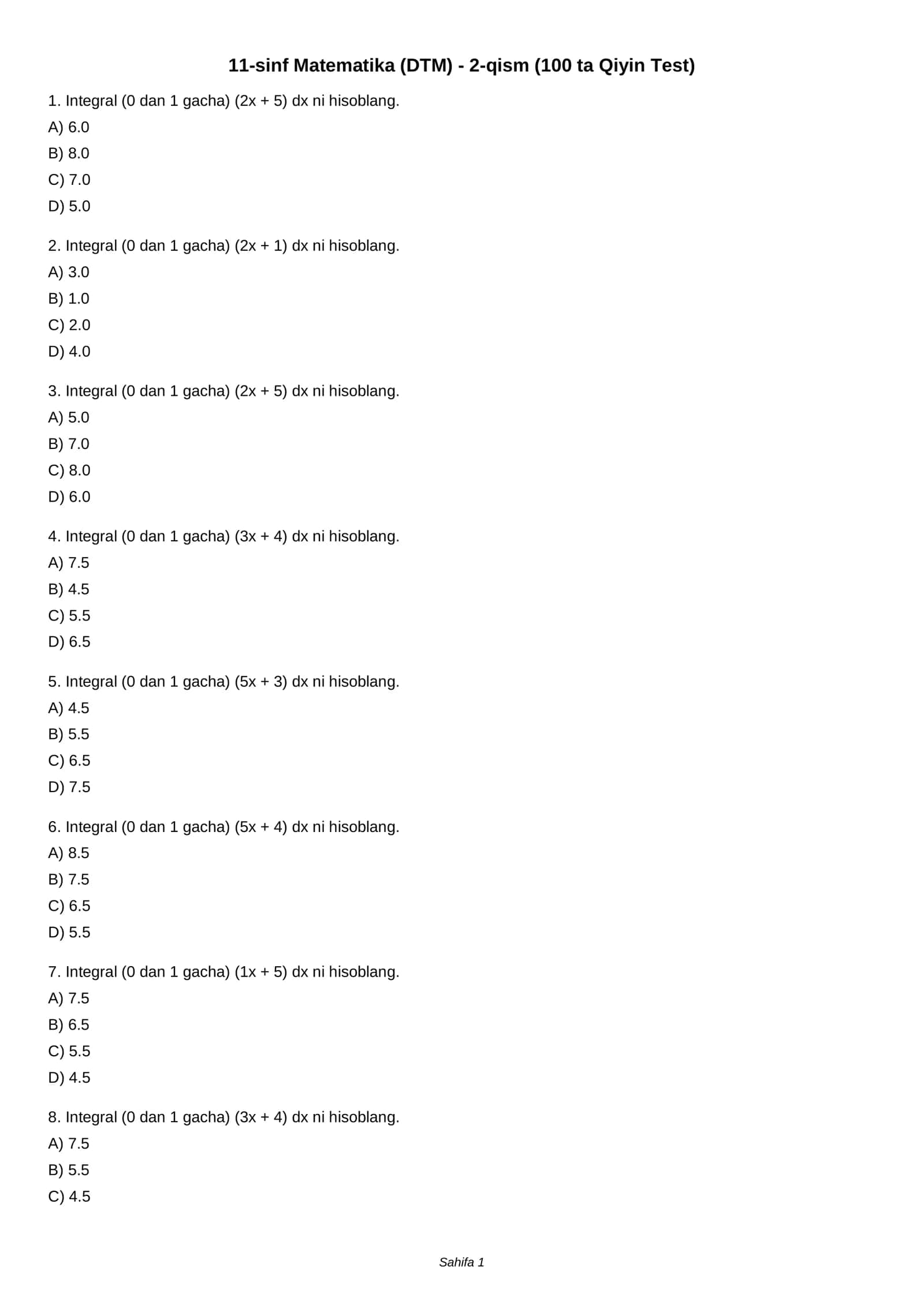11-sinf Matematika (DTM) - 2-qism (100 ta Qiyin Test) 1