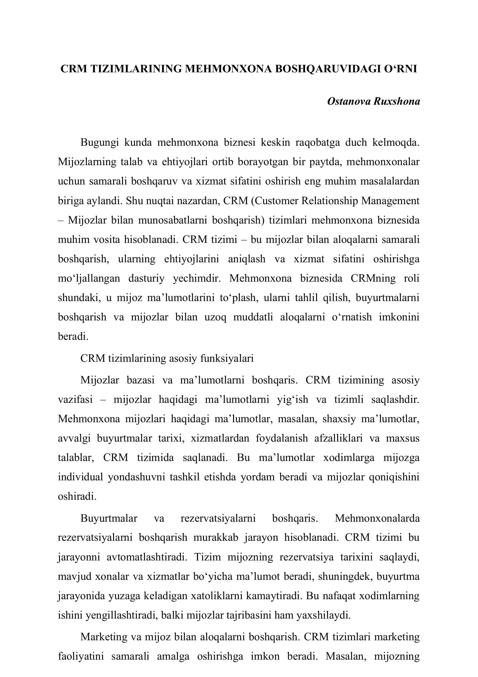 CRM TIZIMLARINING MEHMONXONA BOSHQARUVIDAGI O'RN 1