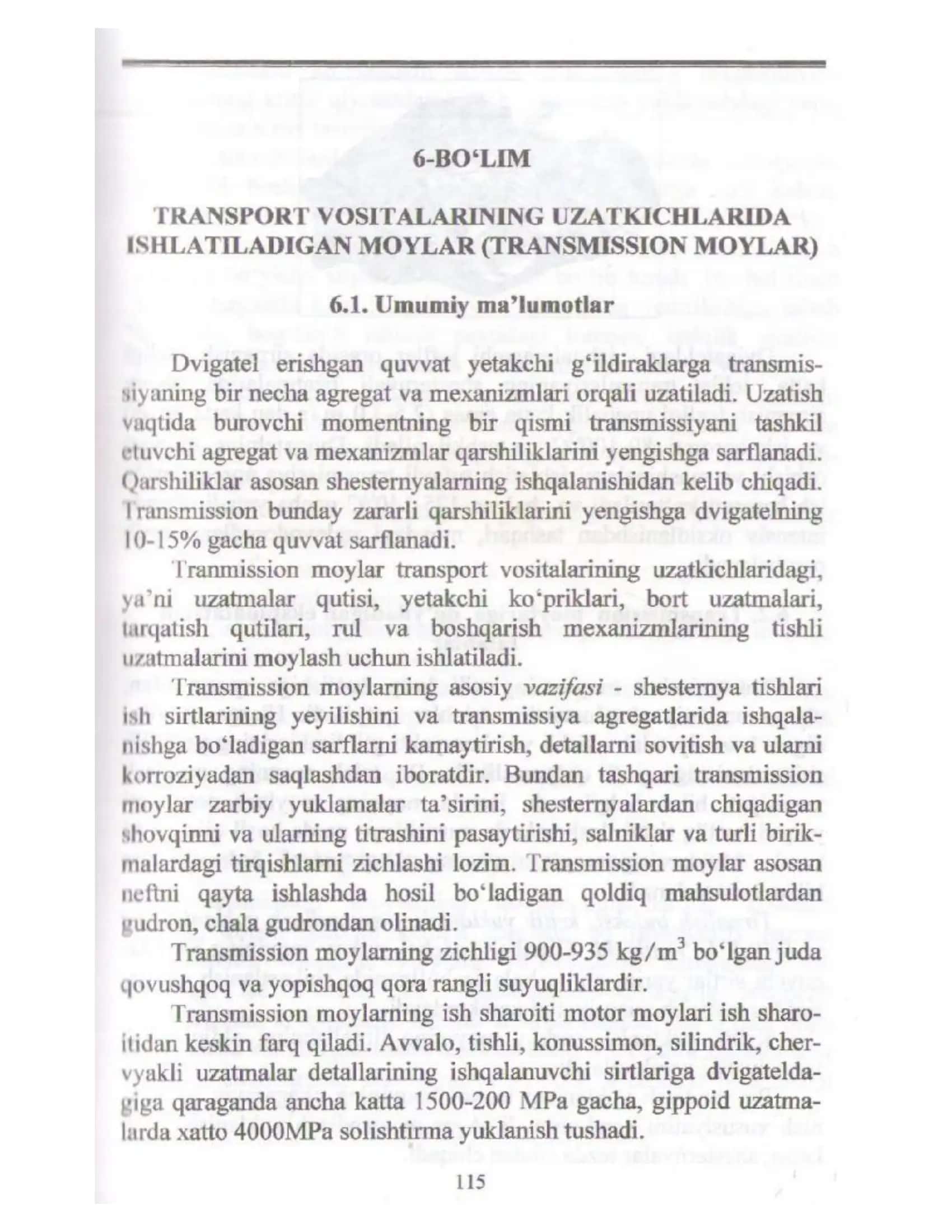 TRANSPORT VOSITALARINING UZATKICHLARIDA MOYLAR (TRANSMISSION MOYLAR) 1
