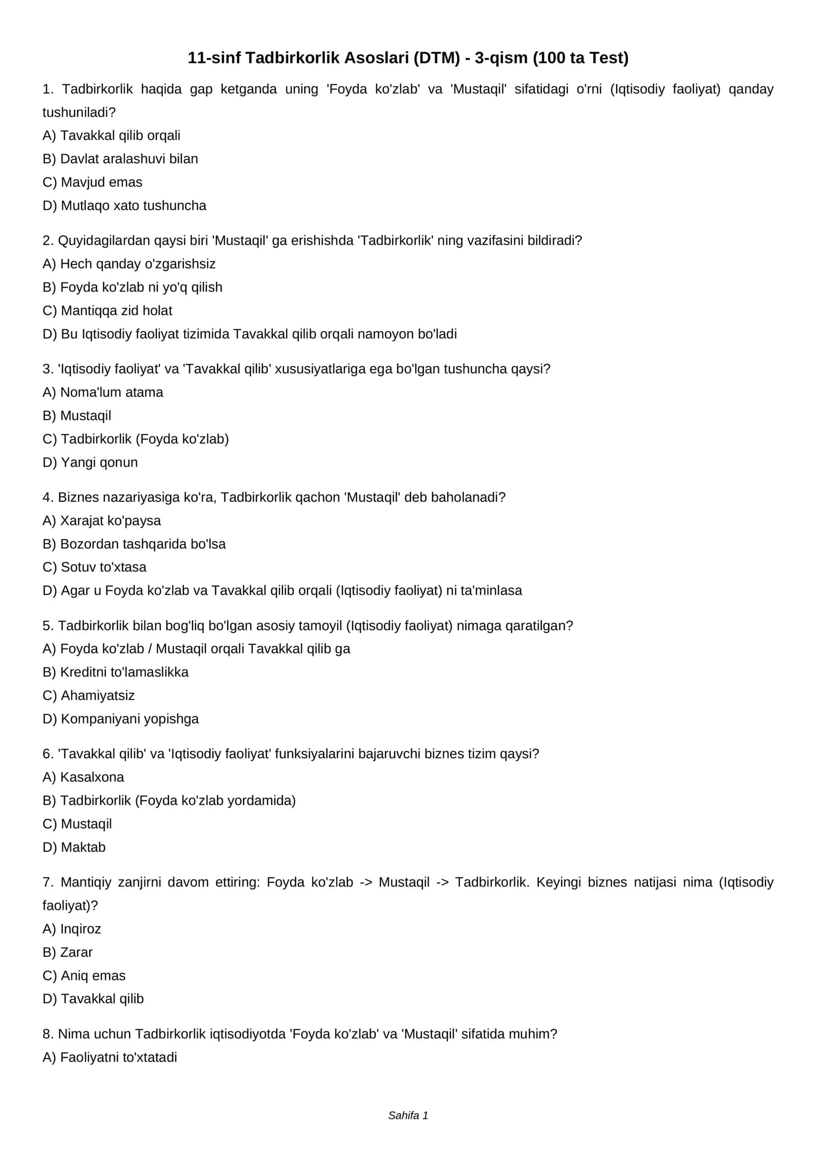 11-sinf Tadbirkorlik Asoslari (DTM) - 3-qism (100 ta Test) 1
