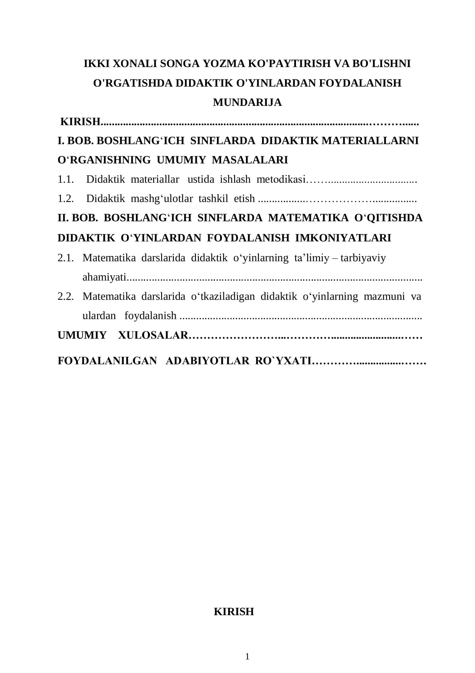IKKI XONALI SONGA YOZMA KO'PAYTIRISH VA BO'LISHNI O'RGATISHDA DIDAKTIK O'YINLARDAN FOYDALANISH 1