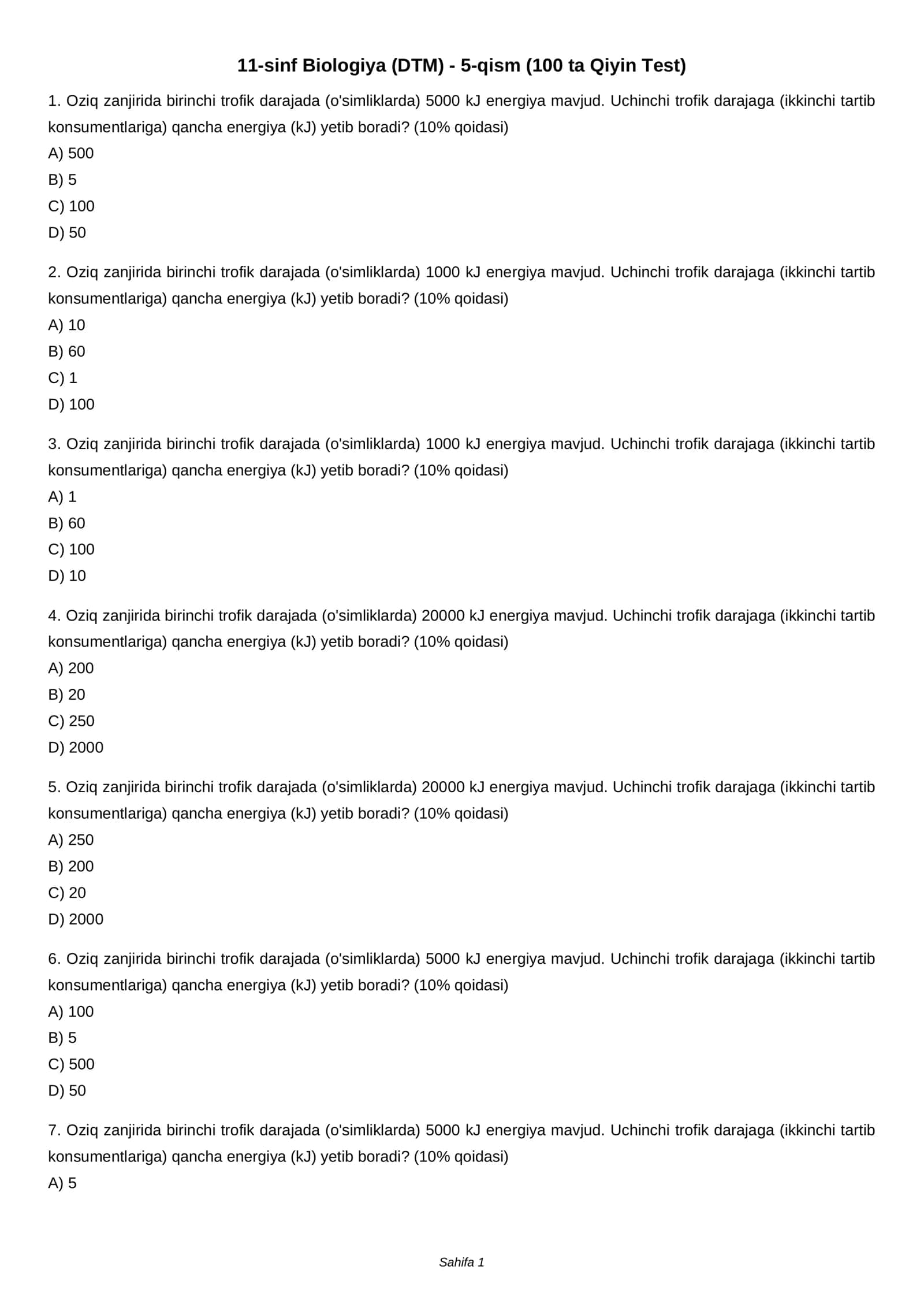 11-sinf Biologiya (DTM) - 5-qism (100 ta Qiyin Test) 1
