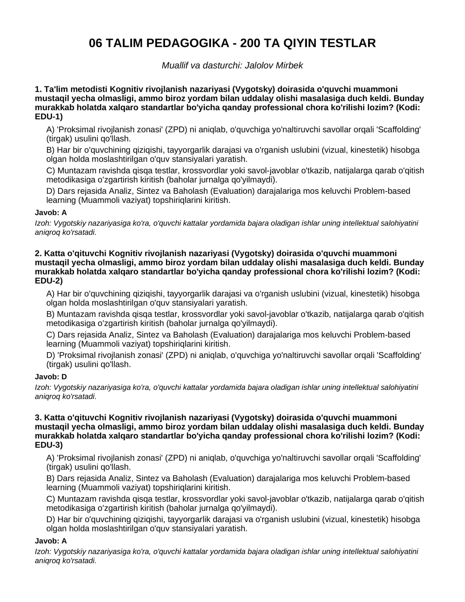 06 TALIM PEDAGOGIKA - 200 TA QIYIN TESTLAR 1