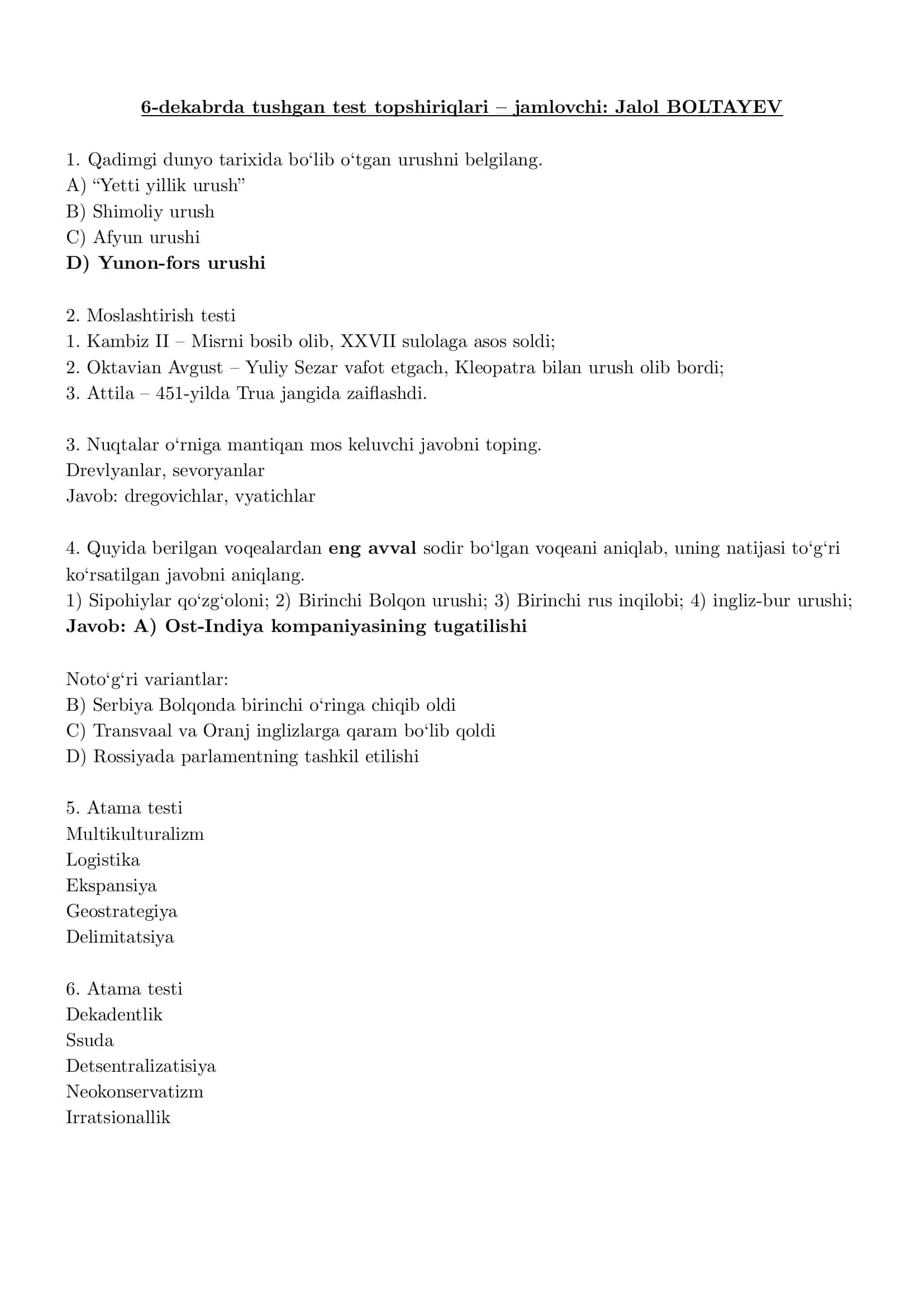 Tarix Test topshiriqlari 1