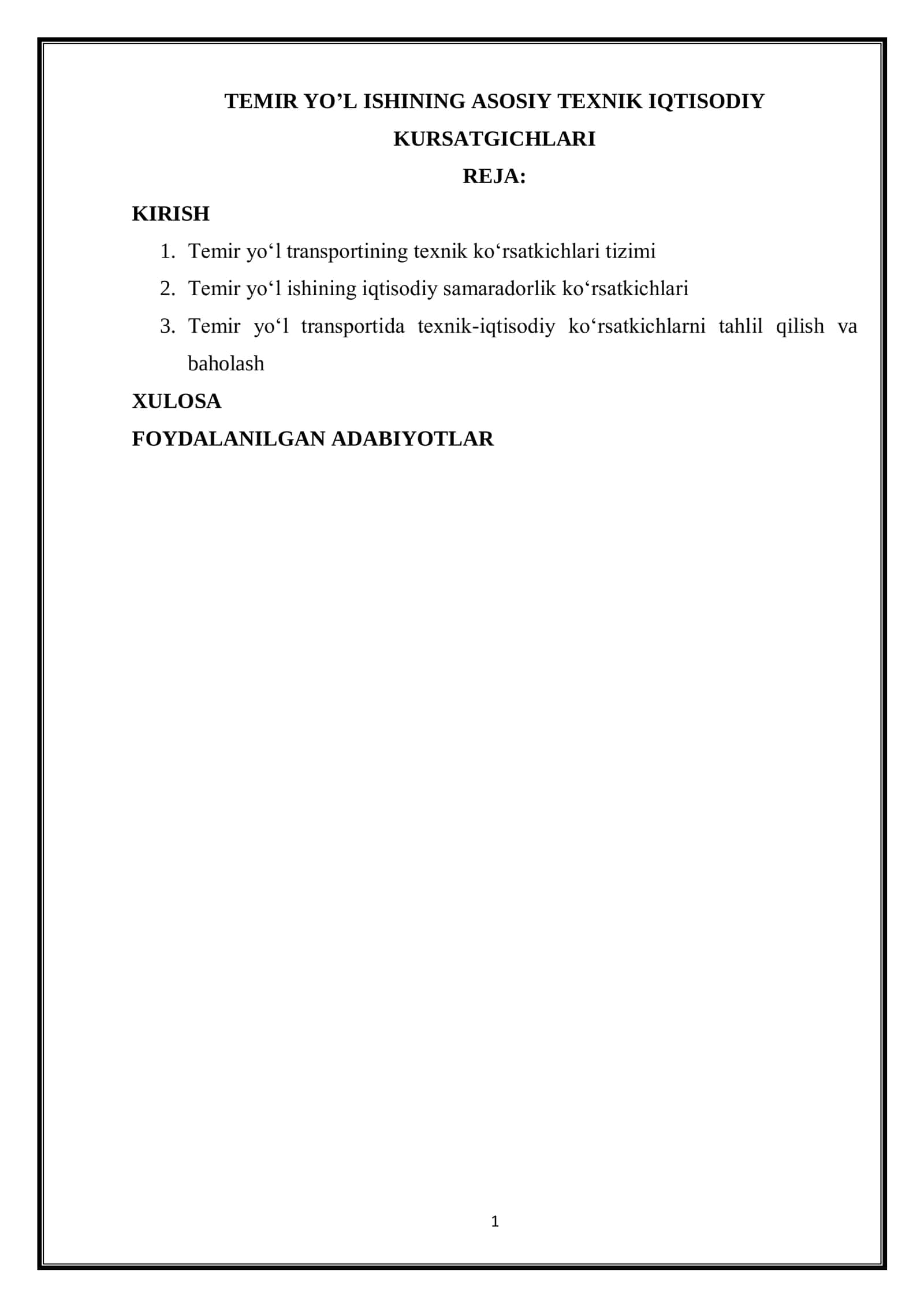 TEMIR YO’L ISHINING ASOSIY TEXNIK IQTISODIY KURSATGICHLARI 1