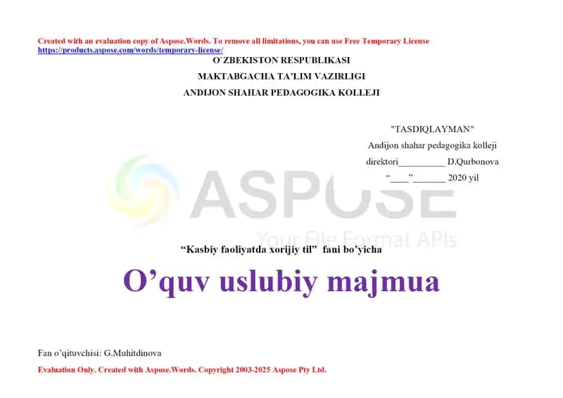 O‘quv-uslubiy majmua “Kasbiy faoliyatda xorijiy til” fani bo‘yicha 1