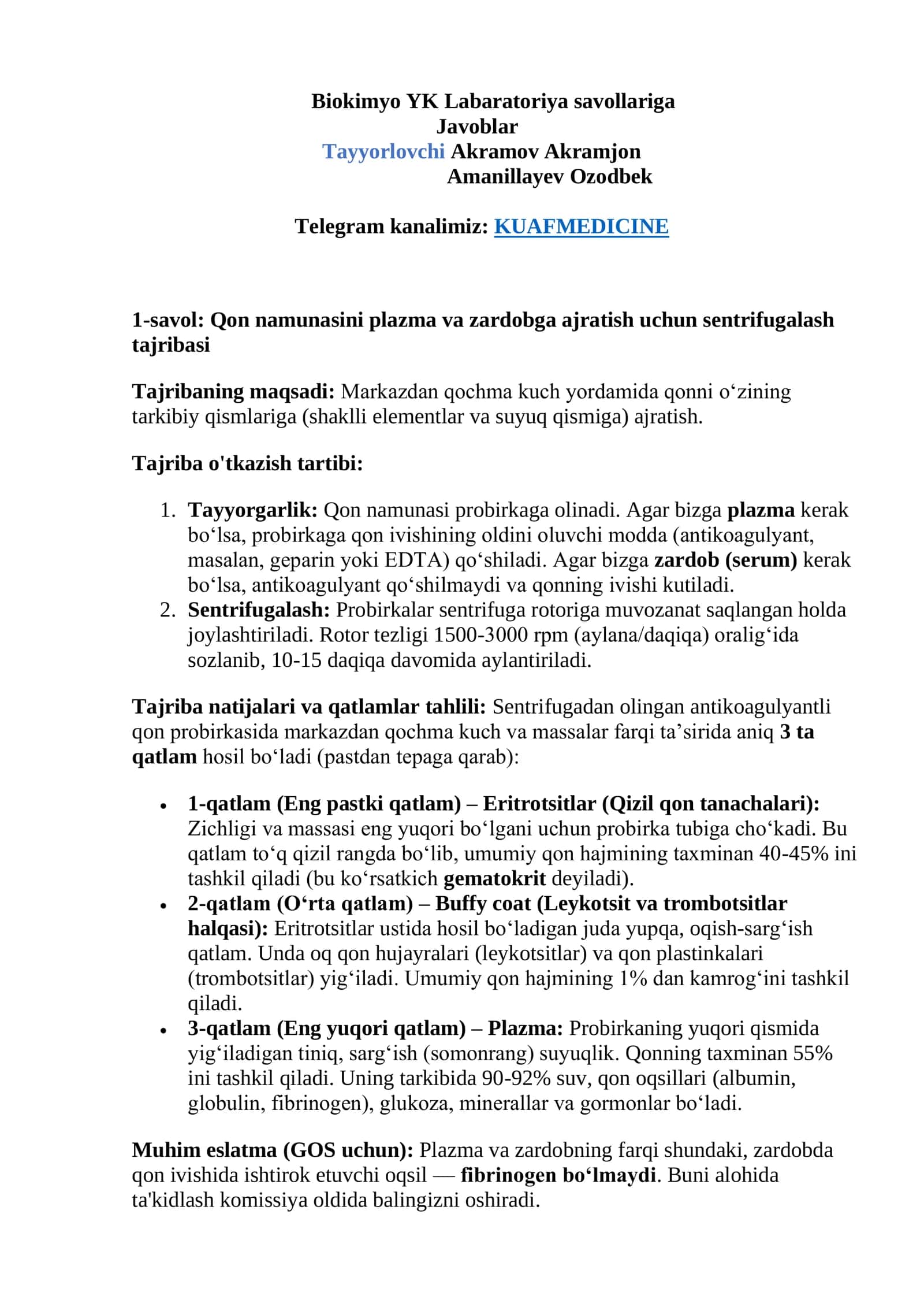 Biokimyo YK Labaratoriya savollariga Javoblar 1