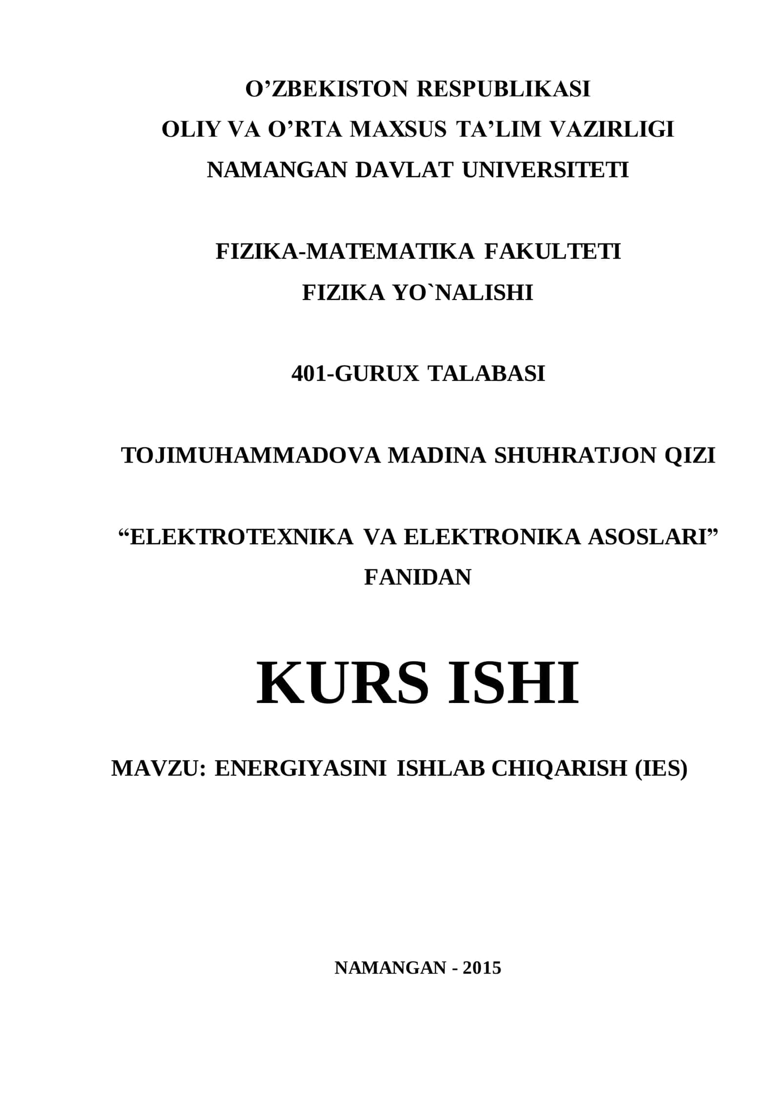 ELEKTR ENERGIYASINI ISHLAB CHIQARISH (IES) 1