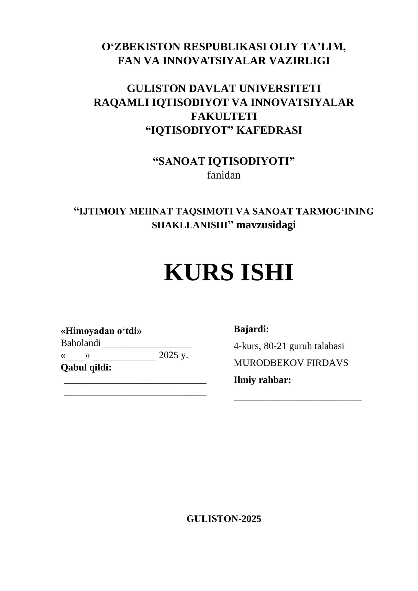 KURS ISHI "SANOAT IQTISODIYOTI" 1