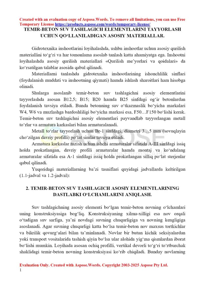 Temir-beton suv tashlagich elementlarini tayyorlash uchun asosiy materiallar 1