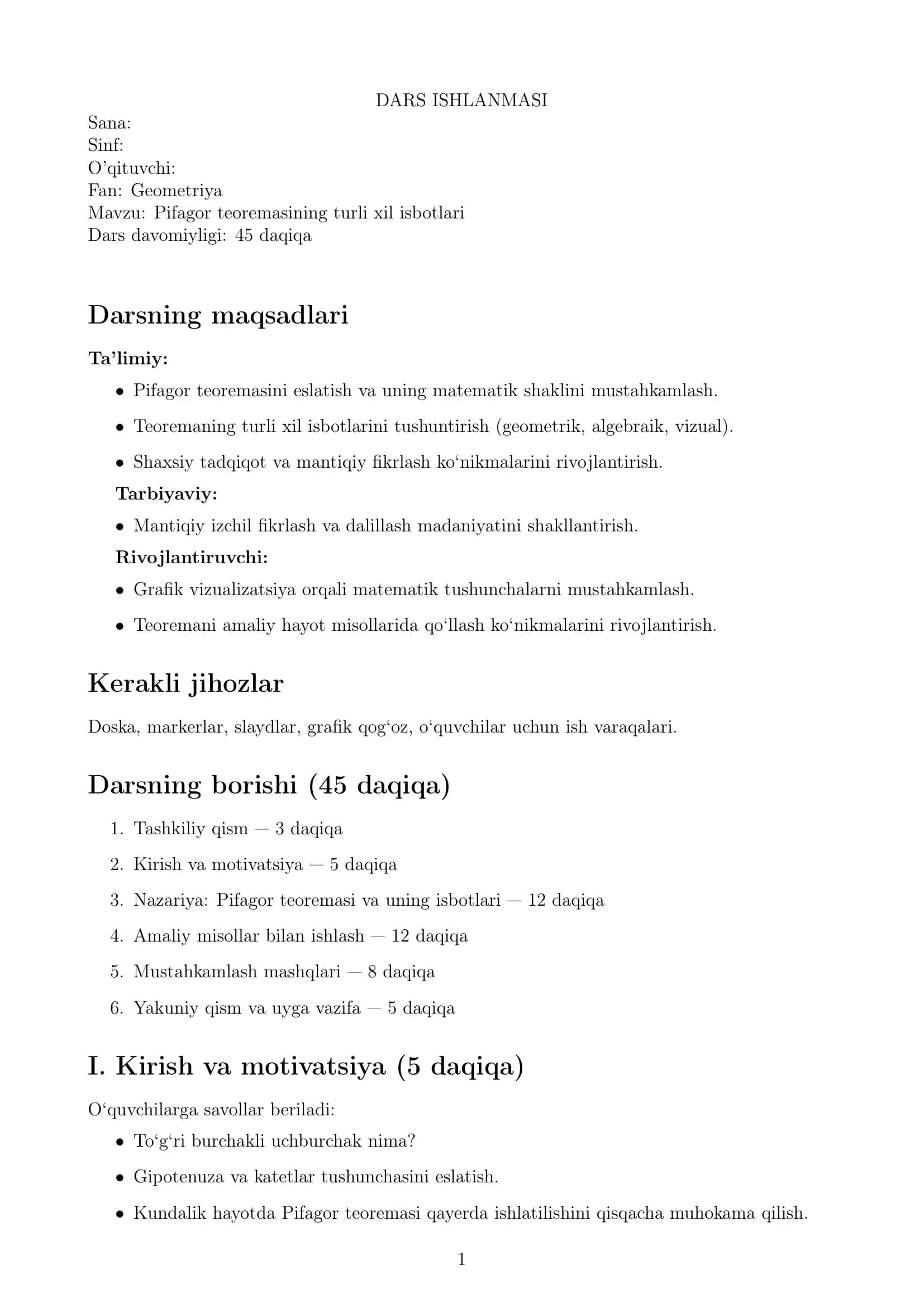 Pifagor teoremasining turli xil isbotlari ( Dars ishlanmasi ) 1