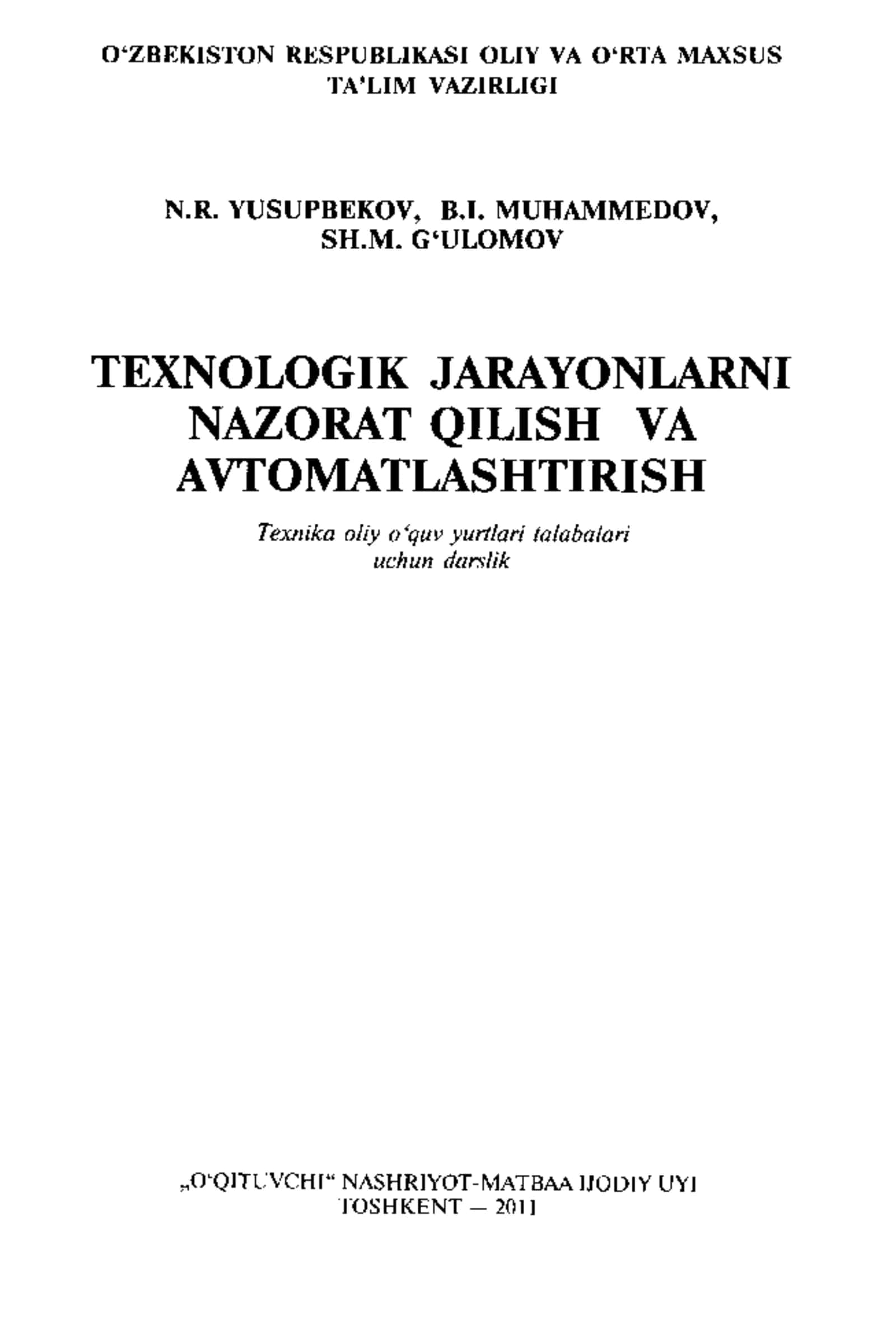 Texnologik jarayonlarni nazorat qilish va avtomatlashtirish 1