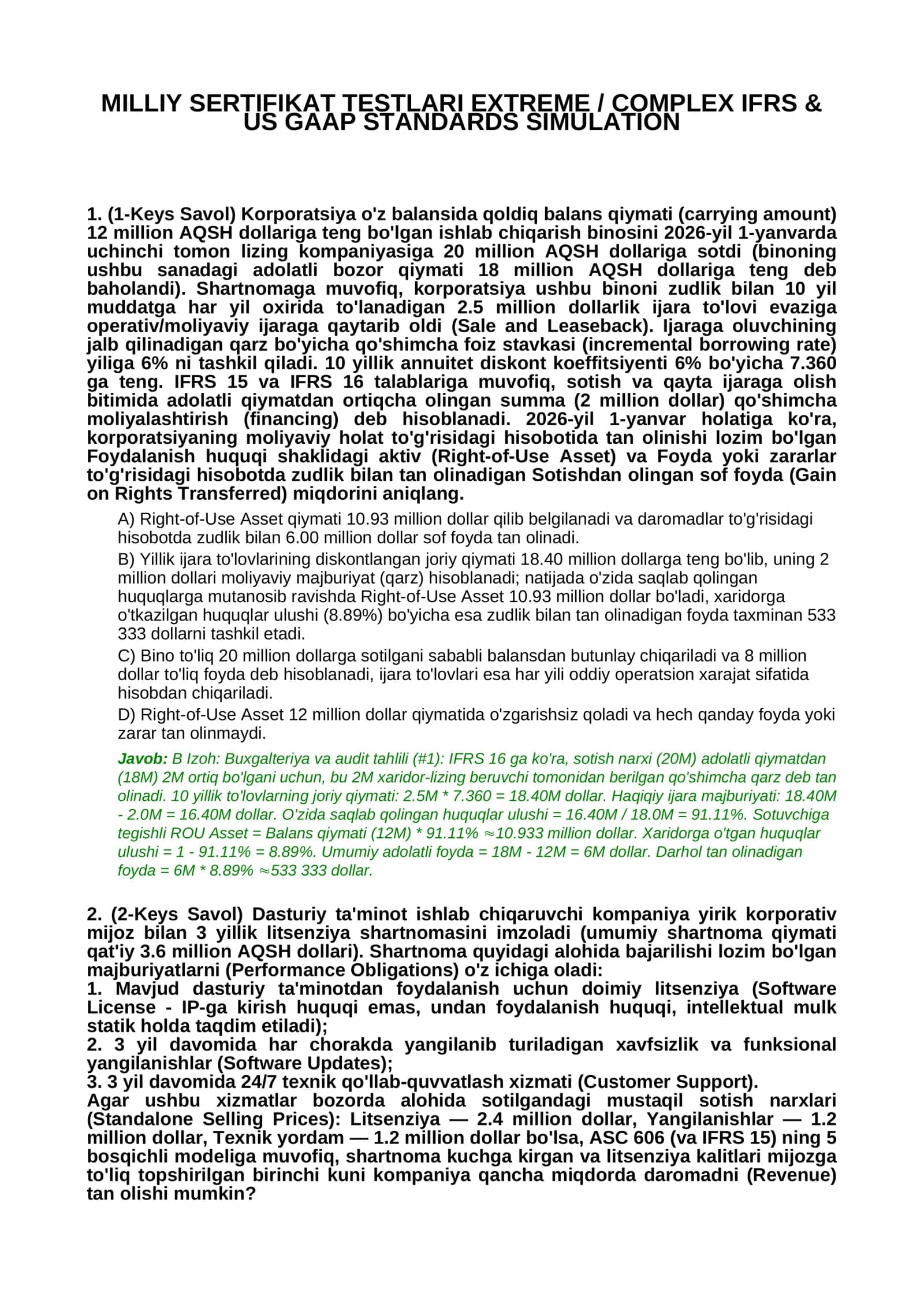 MILLIY SERTIFIKAT TESTLARI EXTREME / COMPLEX IFRS & US GAAP STANDARDS SIMULATION 1