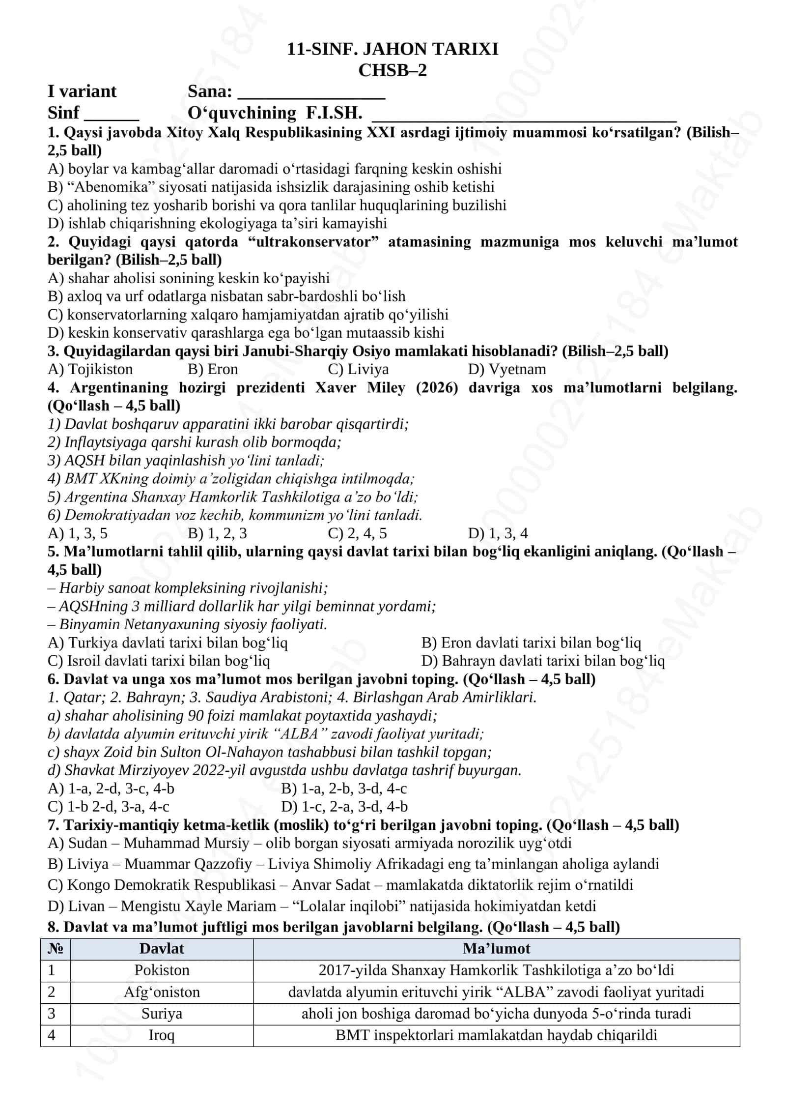 11-SINF. JAHON TARIXI СHSB–2 I variant 1