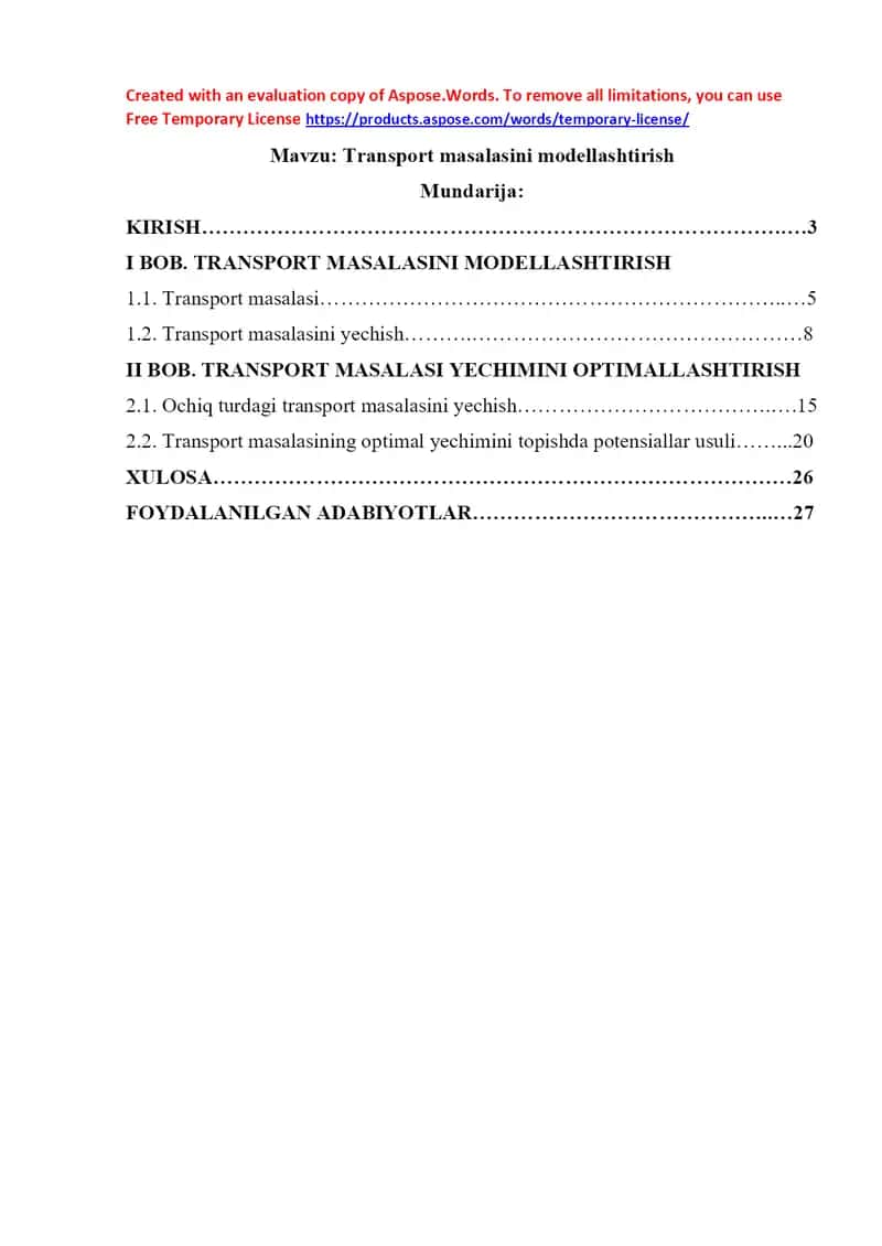Transport masalasini modellashtirish 1