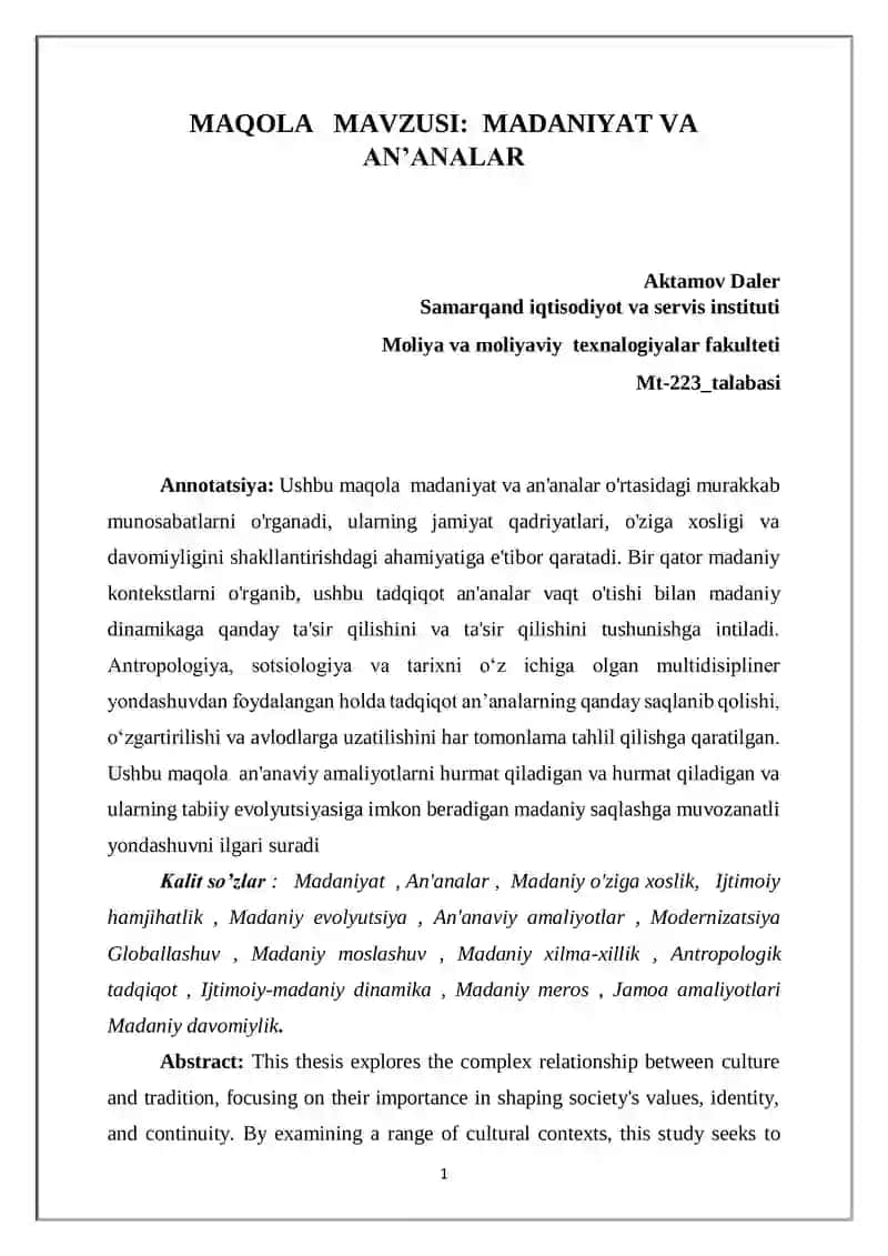 MADANIYAT VA ANʼANALAR 1