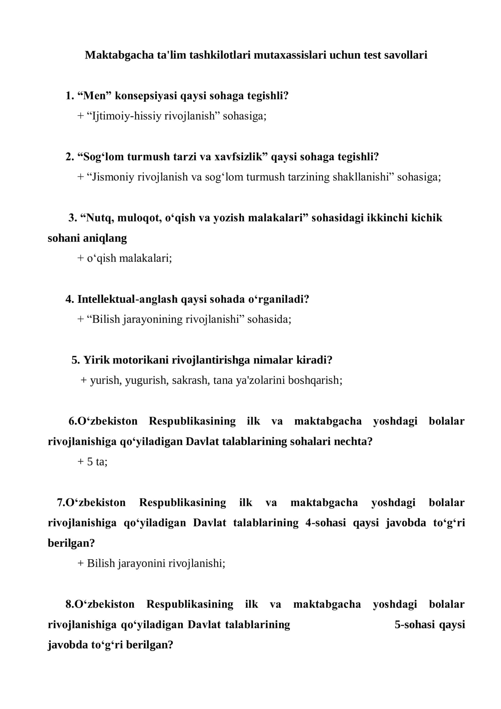 Maktabgacha ta’lim attestatsiyasi uchun 200 ta test javoblari bilan 1