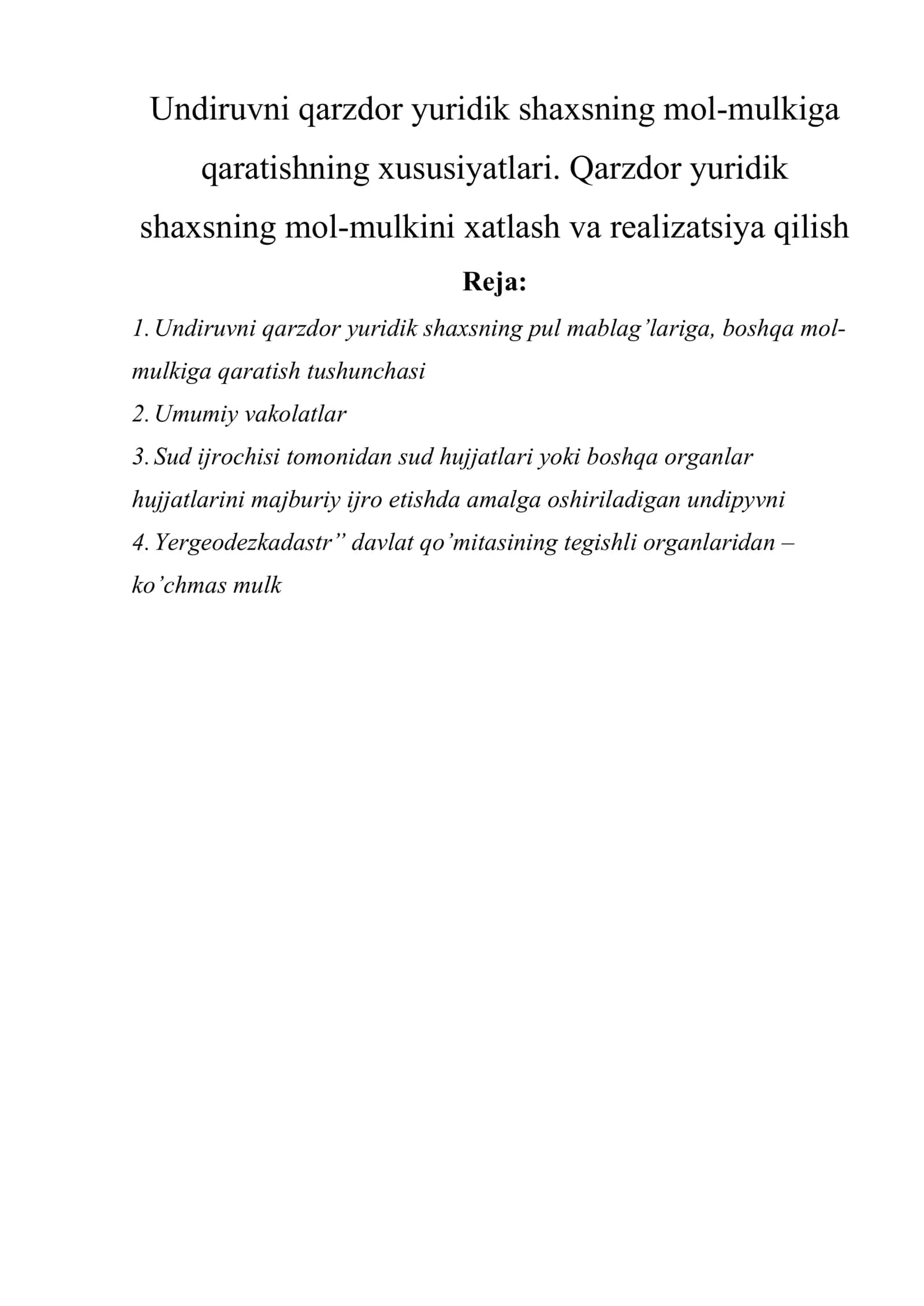 Undiruvni qarzdor yuridik shaxsning mol-mulkiga qaratishning xususiyatlari 1