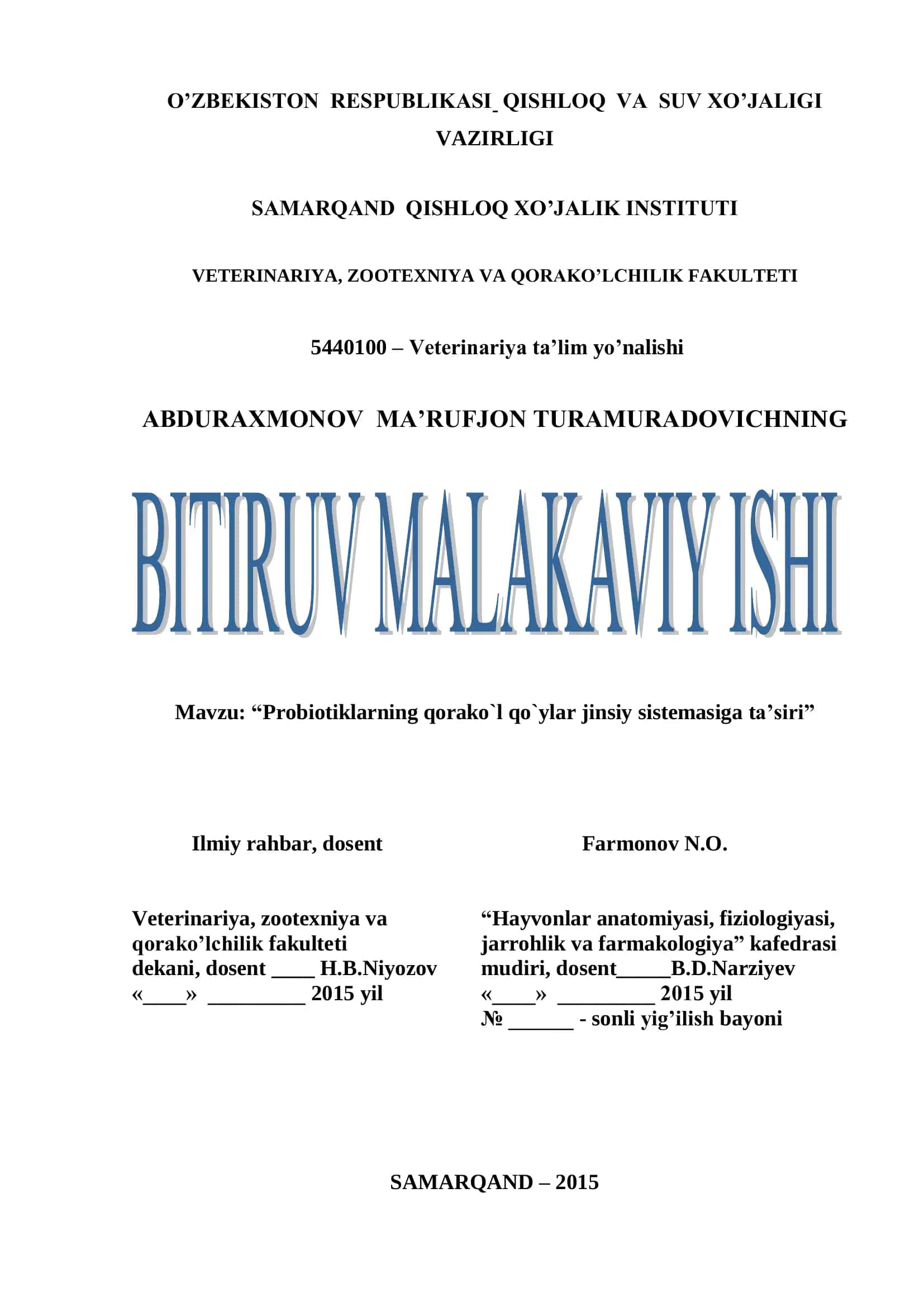 Probiloklar qorako`l qo`ylar jinsiy sistemasiga ta`siri 1